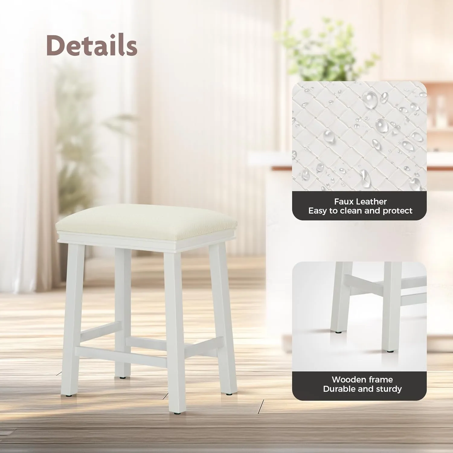 ALPHA HOME 24" Bar Stools Set of 1, Solid Wood Kitchen Stools with PU Leather Cushion Counter Height Bar Stools for Indoor, Off-White Seat and White Legs, 1PCS