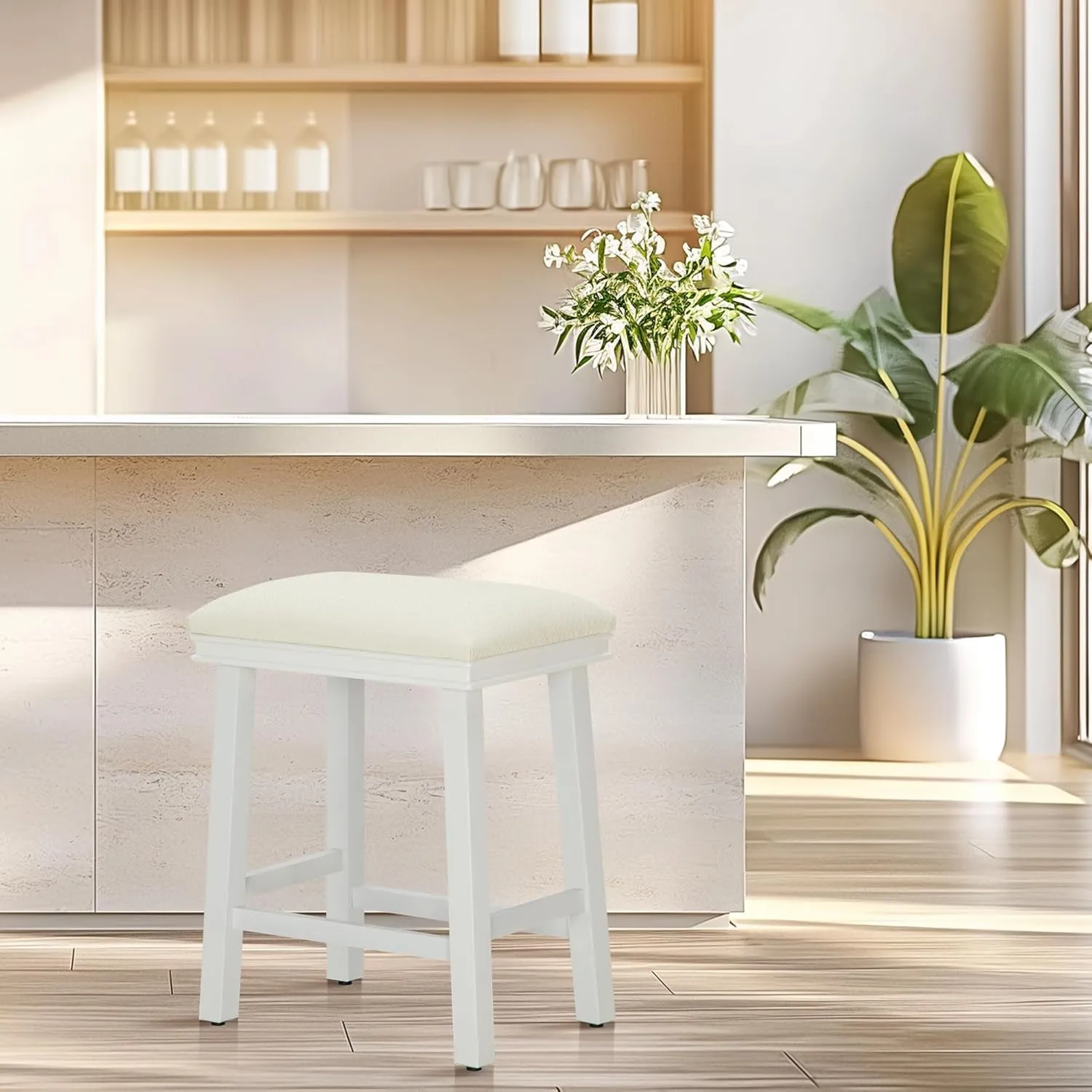ALPHA HOME 24" Bar Stools Set of 1, Solid Wood Kitchen Stools with PU Leather Cushion Counter Height Bar Stools for Indoor, Off-White Seat and White Legs, 1PCS