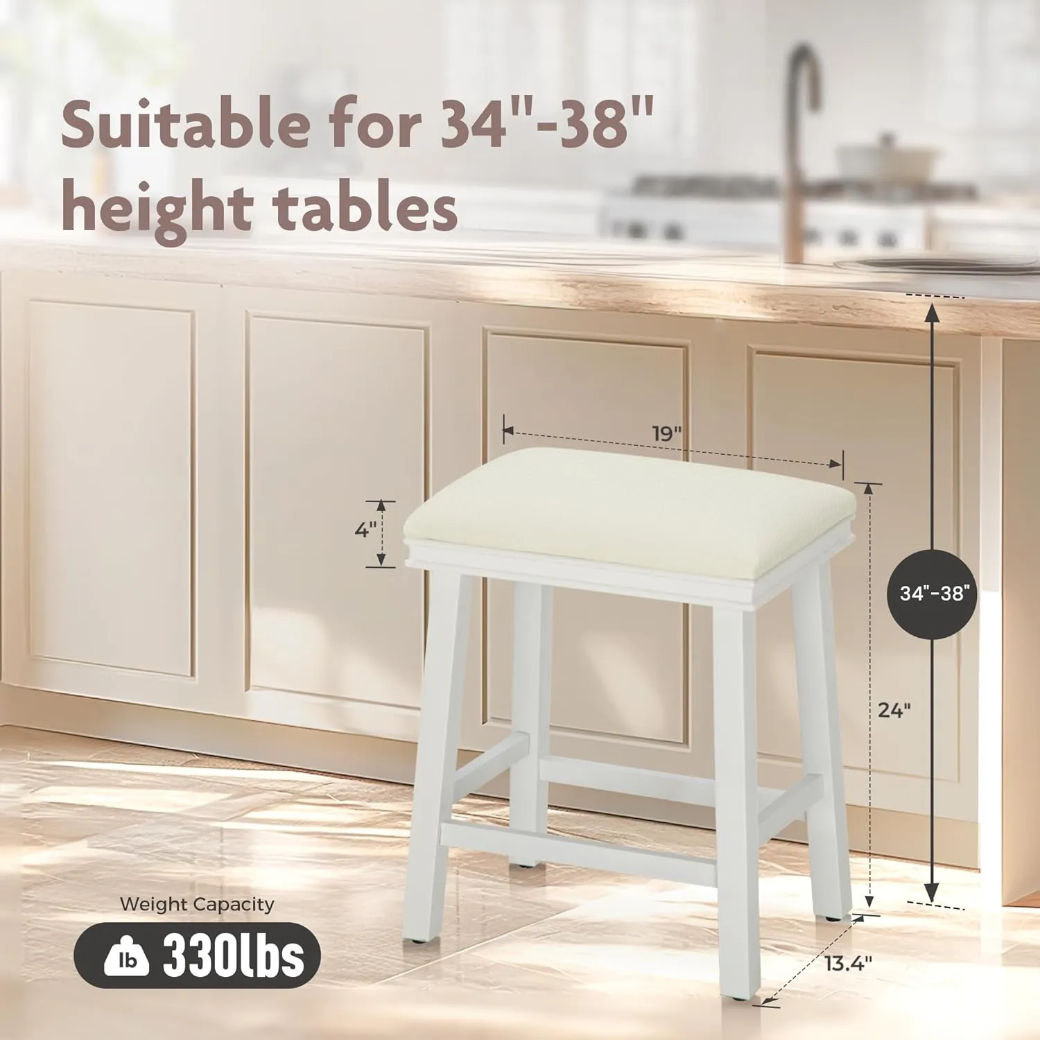 ALPHA HOME 24" Bar Stools Set of 1, Solid Wood Kitchen Stools with PU Leather Cushion Counter Height Bar Stools for Indoor, Off-White Seat and White Legs, 1PCS