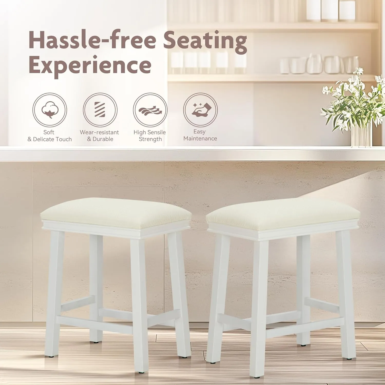 ALPHA HOME 24" Bar Stools Set of 1, Solid Wood Kitchen Stools with PU Leather Cushion Counter Height Bar Stools for Indoor, Off-White Seat and White Legs, 1PCS