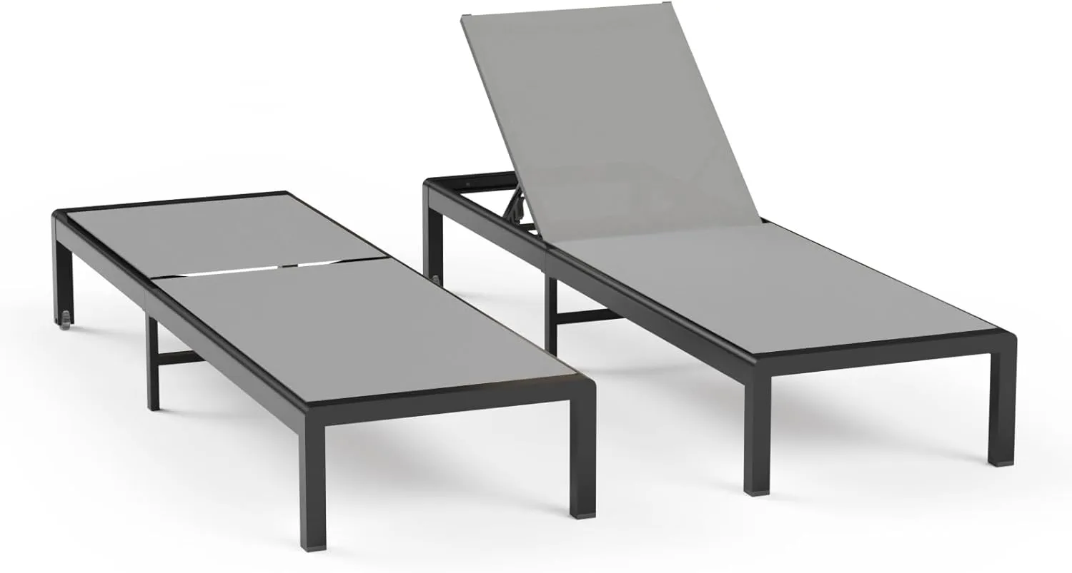 Aluminum Lounge Chairs Outdoor Chaise Furniture,2 Sets Patio Metal Deck Lounger Adjustable 5-Position Poolside Chase Recliner with Wheels,Waterproof Outside Sunbathing Chair for Beach，Gray