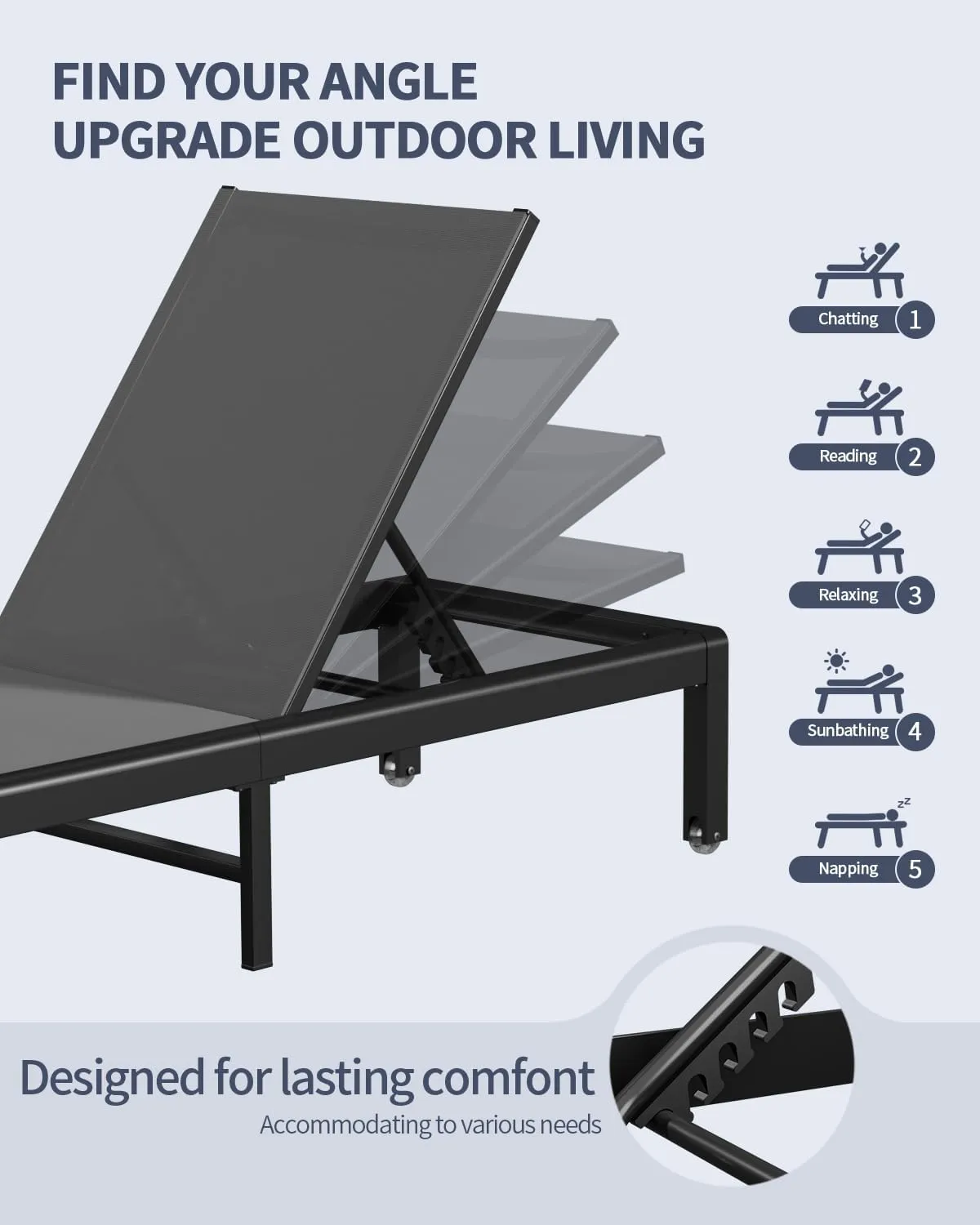 Aluminum Lounge Chairs Outdoor Chaise Furniture,2 Sets Patio Metal Deck Lounger Adjustable 5-Position Poolside Chase Recliner with Wheels,Waterproof Outside Sunbathing Chair for Beach，Gray