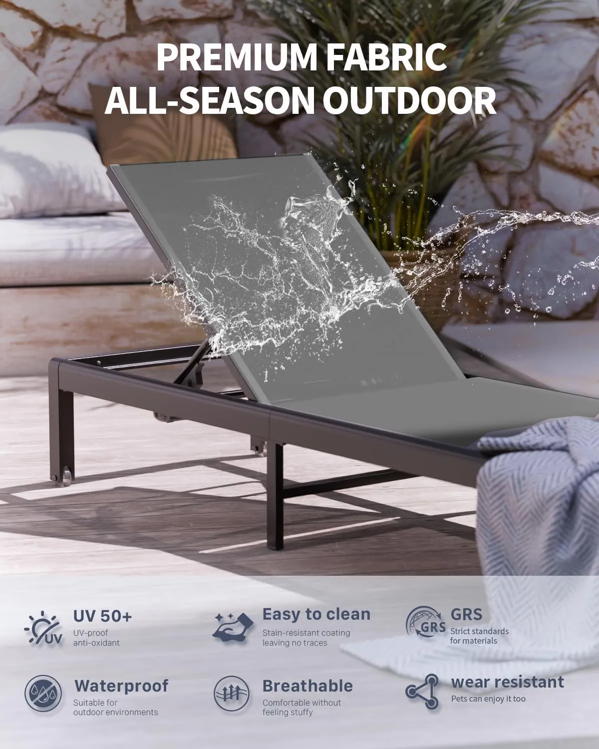 Aluminum Lounge Chairs Outdoor Chaise Furniture,2 Sets Patio Metal Deck Lounger Adjustable 5-Position Poolside Chase Recliner with Wheels,Waterproof Outside Sunbathing Chair for Beach，Gray