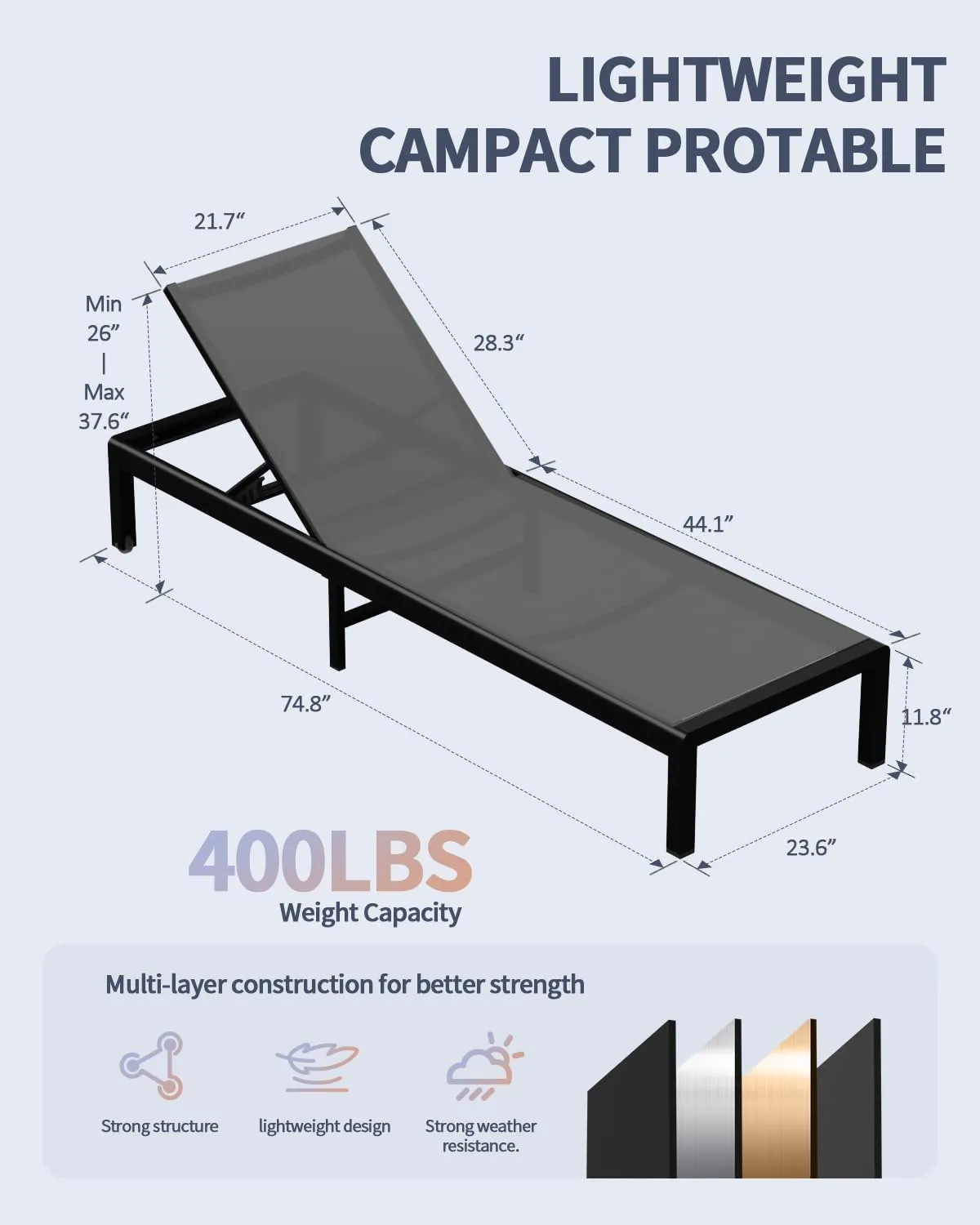 Aluminum Lounge Chairs Outdoor Chaise Furniture,2 Sets Patio Metal Deck Lounger Adjustable 5-Position Poolside Chase Recliner with Wheels,Waterproof Outside Sunbathing Chair for Beach，Gray