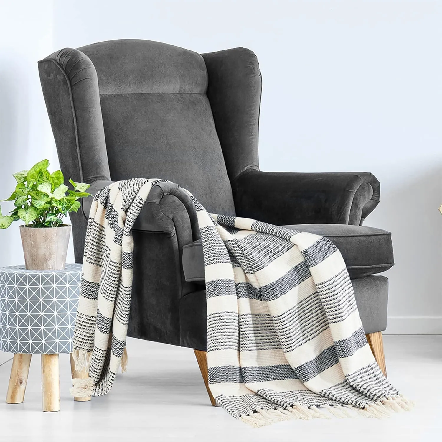 Americanflat 50x60 Throw Blanket - Soft and Breathable Cotton Throw Blanket for Couch, Bed, Chair - Decorative Blanket Perfect for Home, Office, or Outdoor Use - Black and White Stripe Blanket