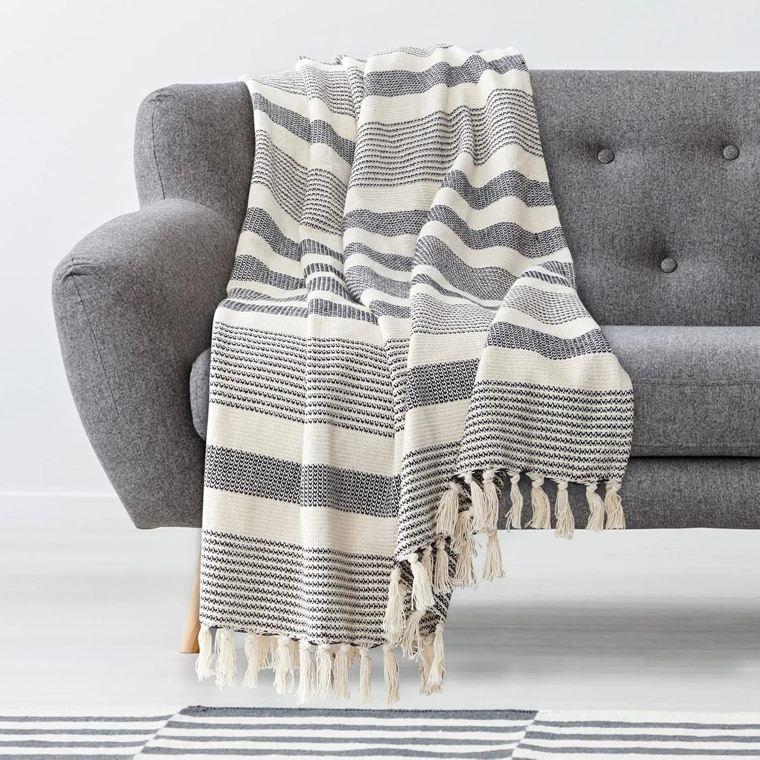 Americanflat 50x60 Throw Blanket - Soft and Breathable Cotton Throw Blanket for Couch, Bed, Chair - Decorative Blanket Perfect for Home, Office, or Outdoor Use - Black and White Stripe Blanket