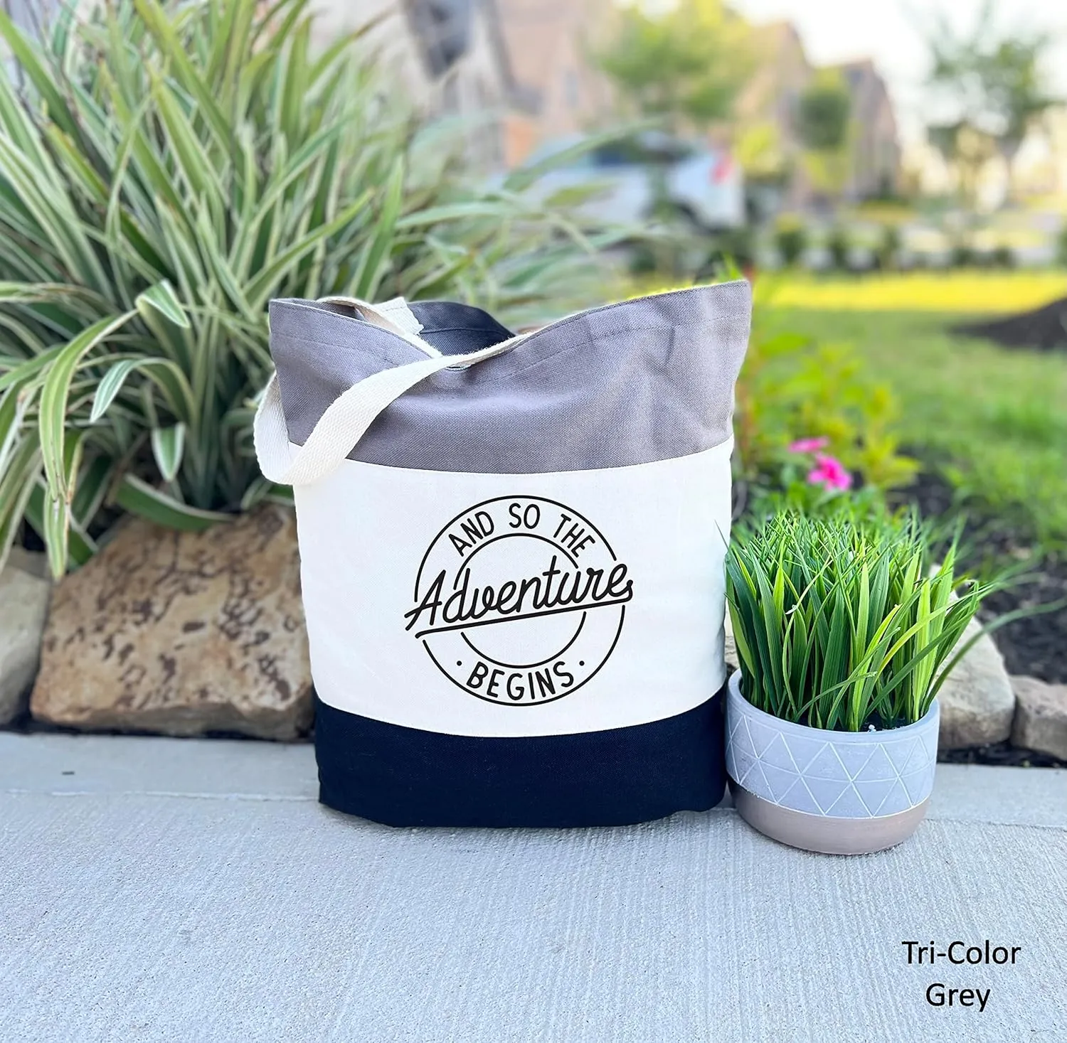 And So The Adventure Begins Tote Bag, Adventure Tote Bag, Trip Bag for Women, Camping Gifts for Birthday, Adventure Tote Bag for Women (15"L x 15"H x 3"D, Tri-Color Grey)