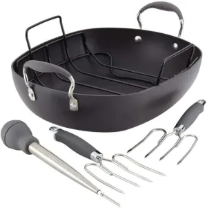 Anolon Advanced Hard Anodized Nonstick Roaster / Roasting Pan Set with Utensils - 16 Inch x 13 Inch, Gray