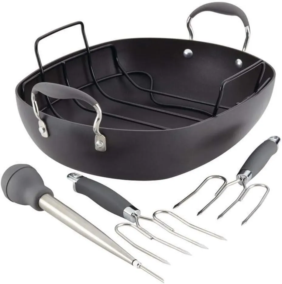 Anolon Advanced Hard Anodized Nonstick Roaster / Roasting Pan Set with Utensils - 16 Inch x 13 Inch, Gray