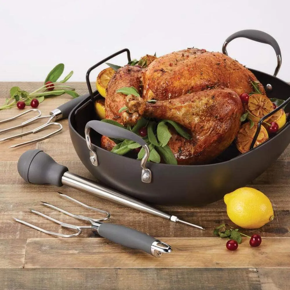 Anolon Advanced Hard Anodized Nonstick Roaster / Roasting Pan Set with Utensils - 16 Inch x 13 Inch, Gray