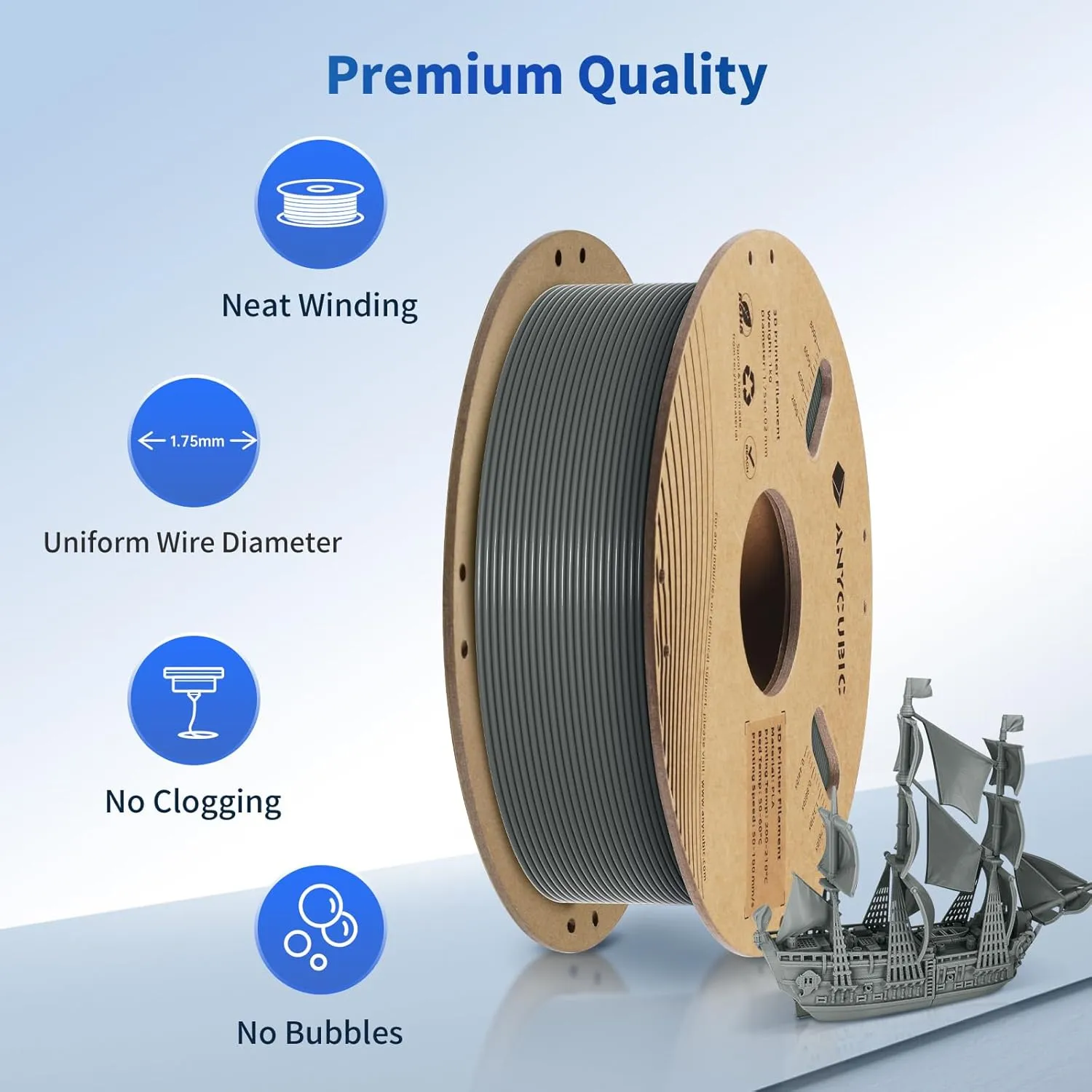 ANYCUBIC PLA 3D Printer Filament, RFID 3D Printing PLA Filament 1.75mm Dimensional Accuracy  /- 0.02mm, 1KG Spool (2.2 lbs), Texture Grey