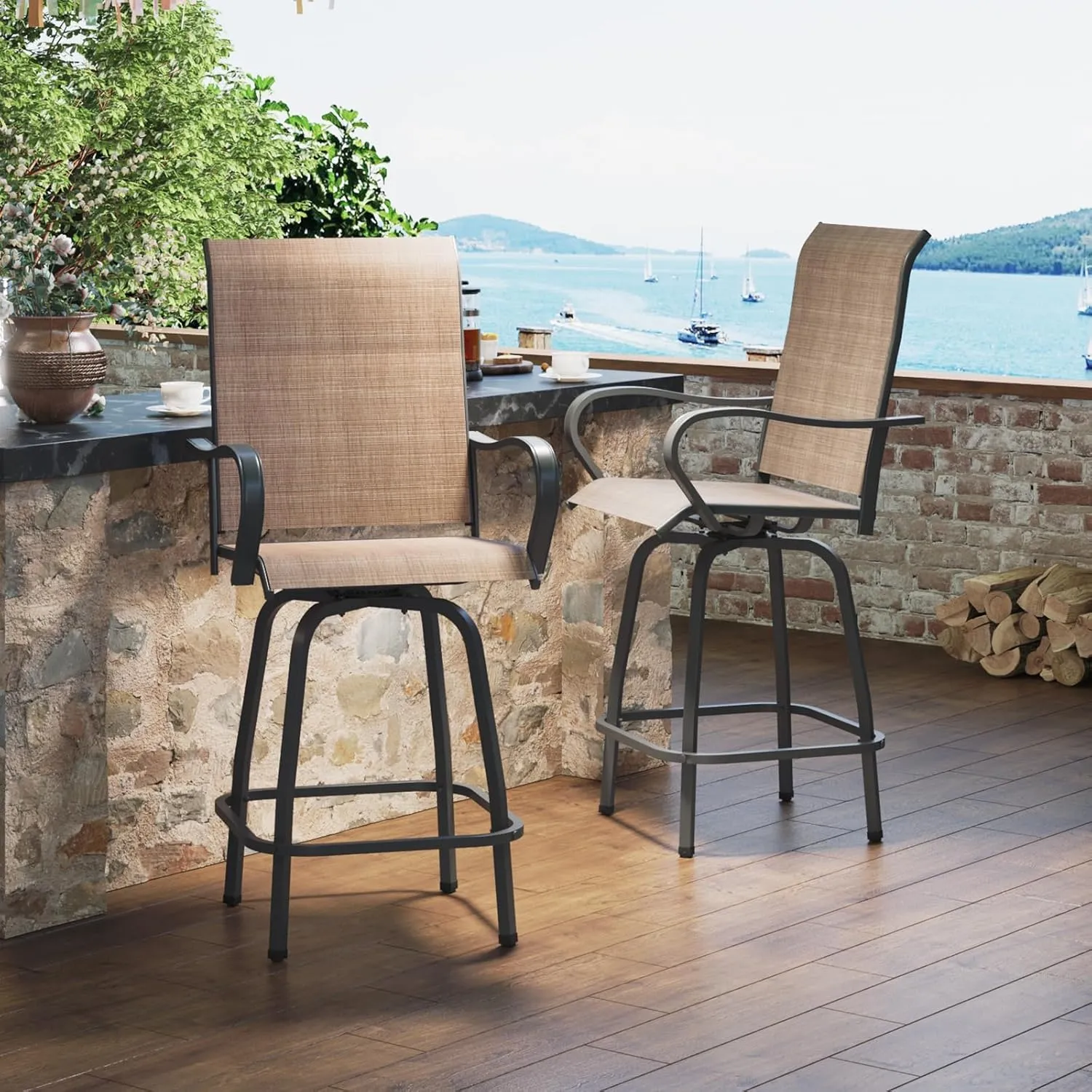 Aoxun Outdoor Swivel Bar Stools Set of 2, Premium Patio Bar Stools, Textilene Bar Height Patio Chairs, Tall Patio Chairs for Yard, Garden, Balcony (Brown)