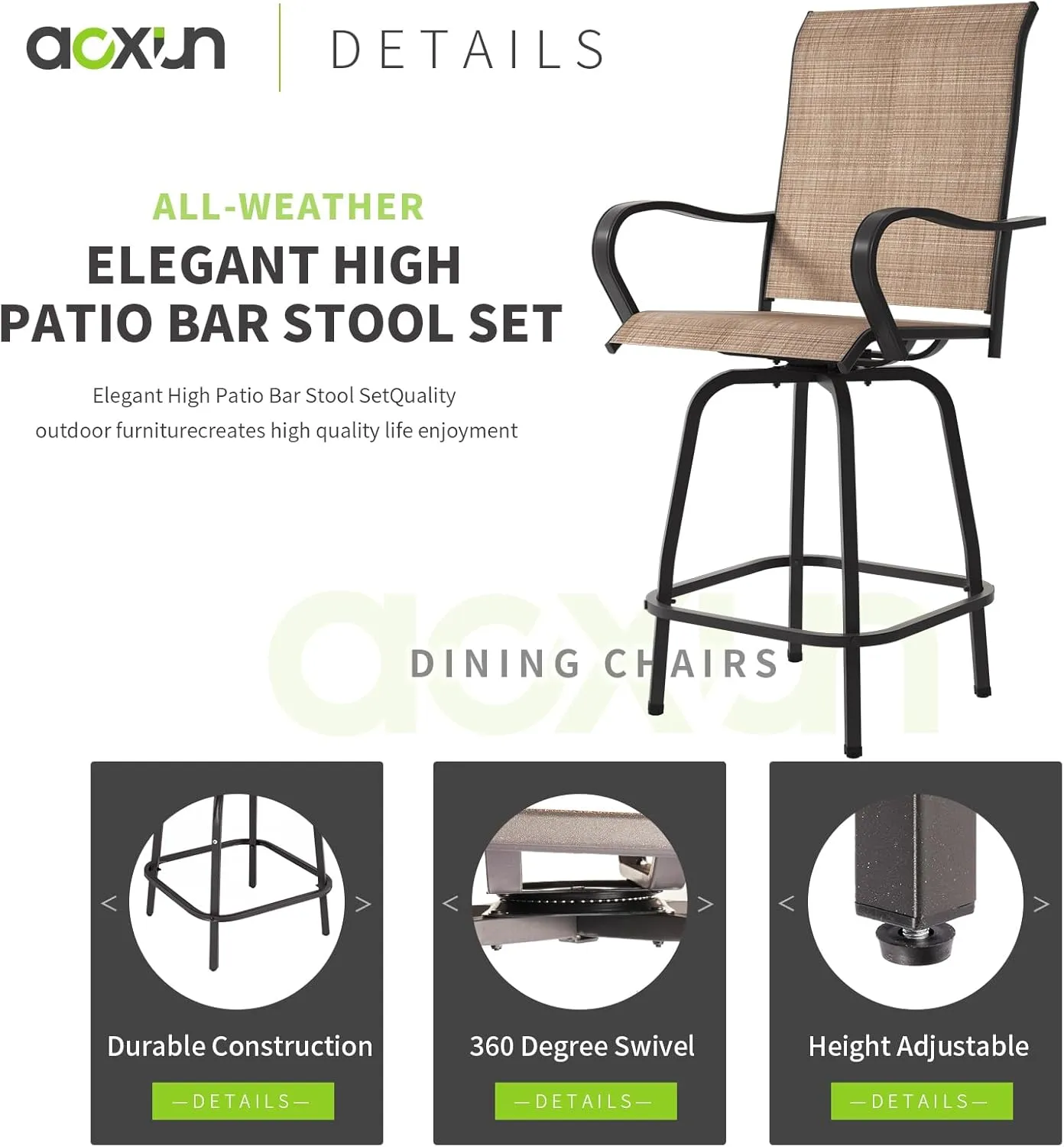 Aoxun Outdoor Swivel Bar Stools Set of 2, Premium Patio Bar Stools, Textilene Bar Height Patio Chairs, Tall Patio Chairs for Yard, Garden, Balcony (Brown)