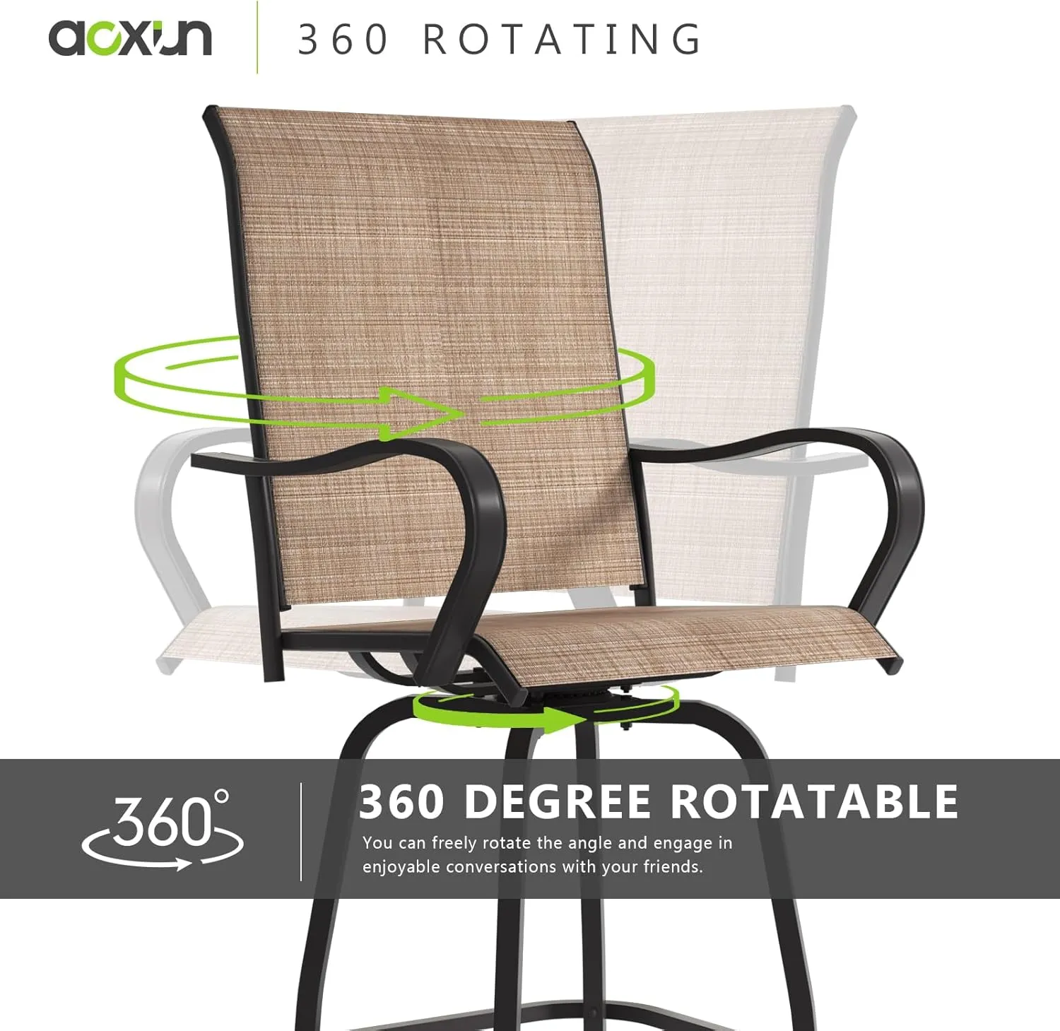 Aoxun Outdoor Swivel Bar Stools Set of 2, Premium Patio Bar Stools, Textilene Bar Height Patio Chairs, Tall Patio Chairs for Yard, Garden, Balcony (Brown)