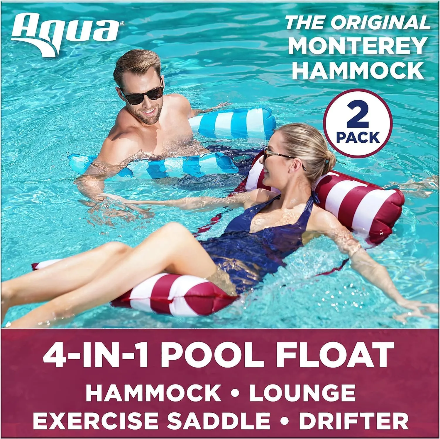 Aqua 4-in-1 Monterey Hammock Pool Float & Water Hammocks – 2-3-4 Multipacks – Multiple Colors/Styles – for Adults and Kids Floating