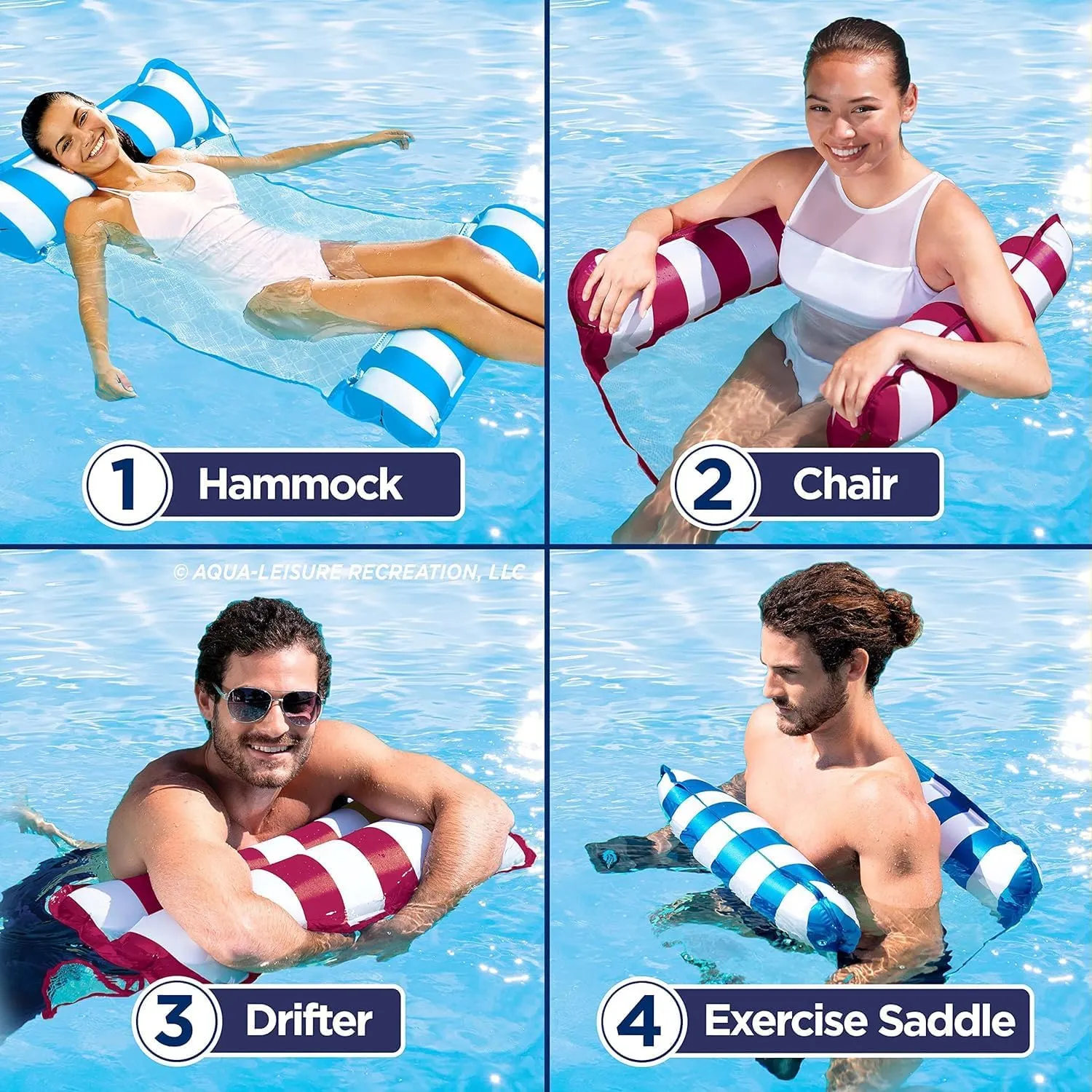 Aqua 4-in-1 Monterey Hammock Pool Float & Water Hammocks – 2-3-4 Multipacks – Multiple Colors/Styles – for Adults and Kids Floating