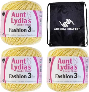 Aunt Lydia's Crochet Thread Fashion Size 3 Maize 182-423 (3-Skeins) Same Dye Lot Fashion Size 3 Soft 100% Mercerized Cotton with Project Bag