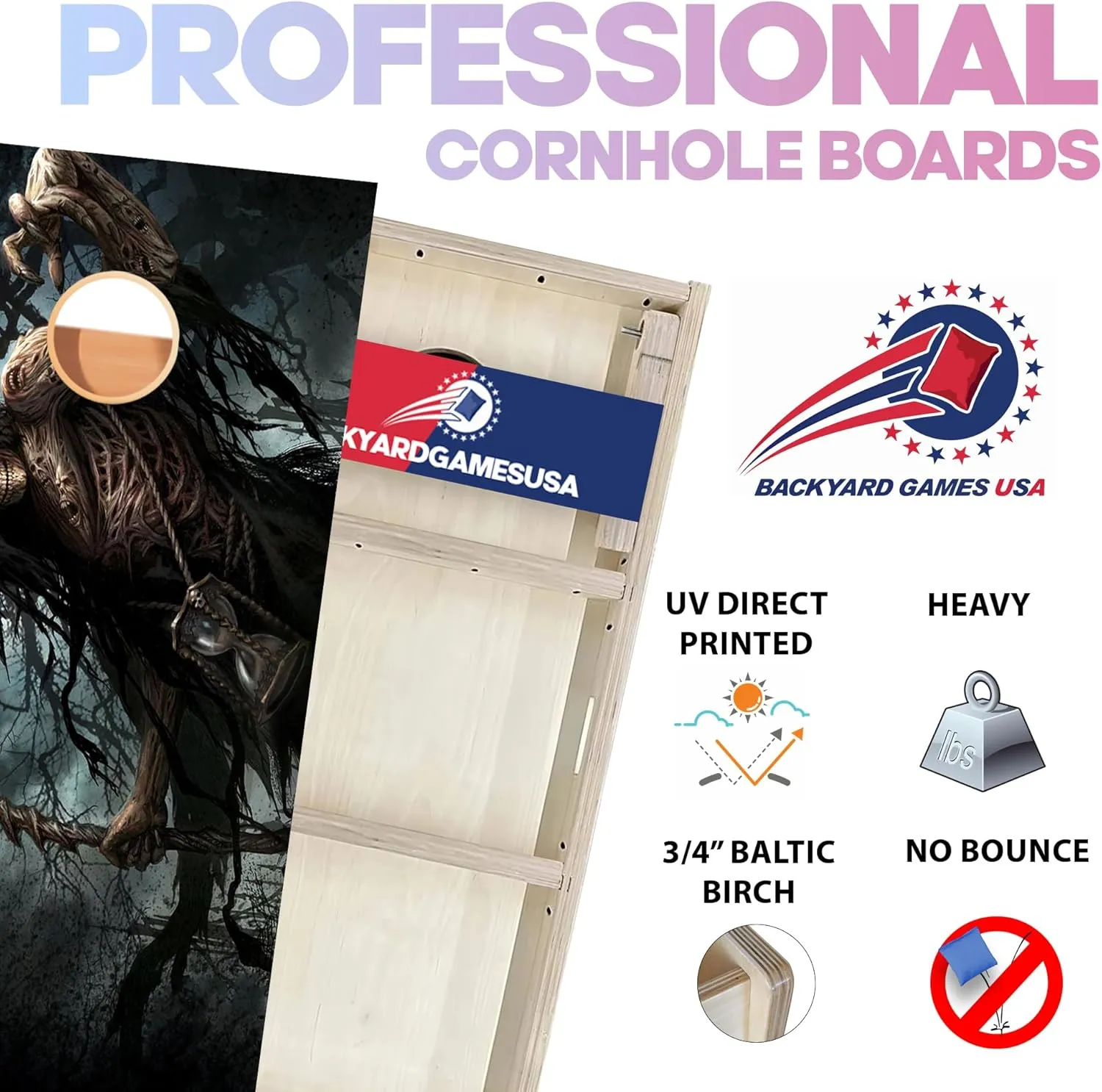 BackYardGamesUSA Pro Cornhole Boards Set | Made in USA | 3/4 Baltic Birch | No Bounce | Triple Thick Legs | Two Brace & Handles, Tournament 2x4 Regulation Set with Score Tower & Cornhole Bags