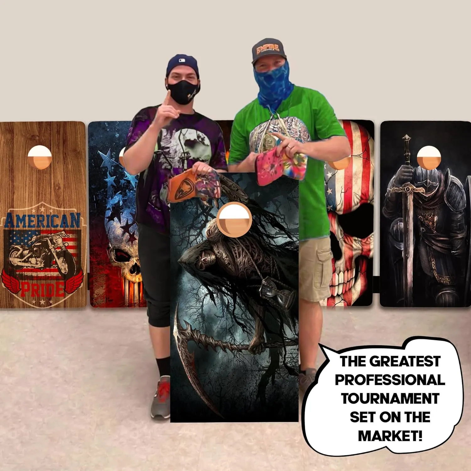BackYardGamesUSA Pro Cornhole Boards Set | Made in USA | 3/4 Baltic Birch | No Bounce | Triple Thick Legs | Two Brace & Handles, Tournament 2x4 Regulation Set with Score Tower & Cornhole Bags