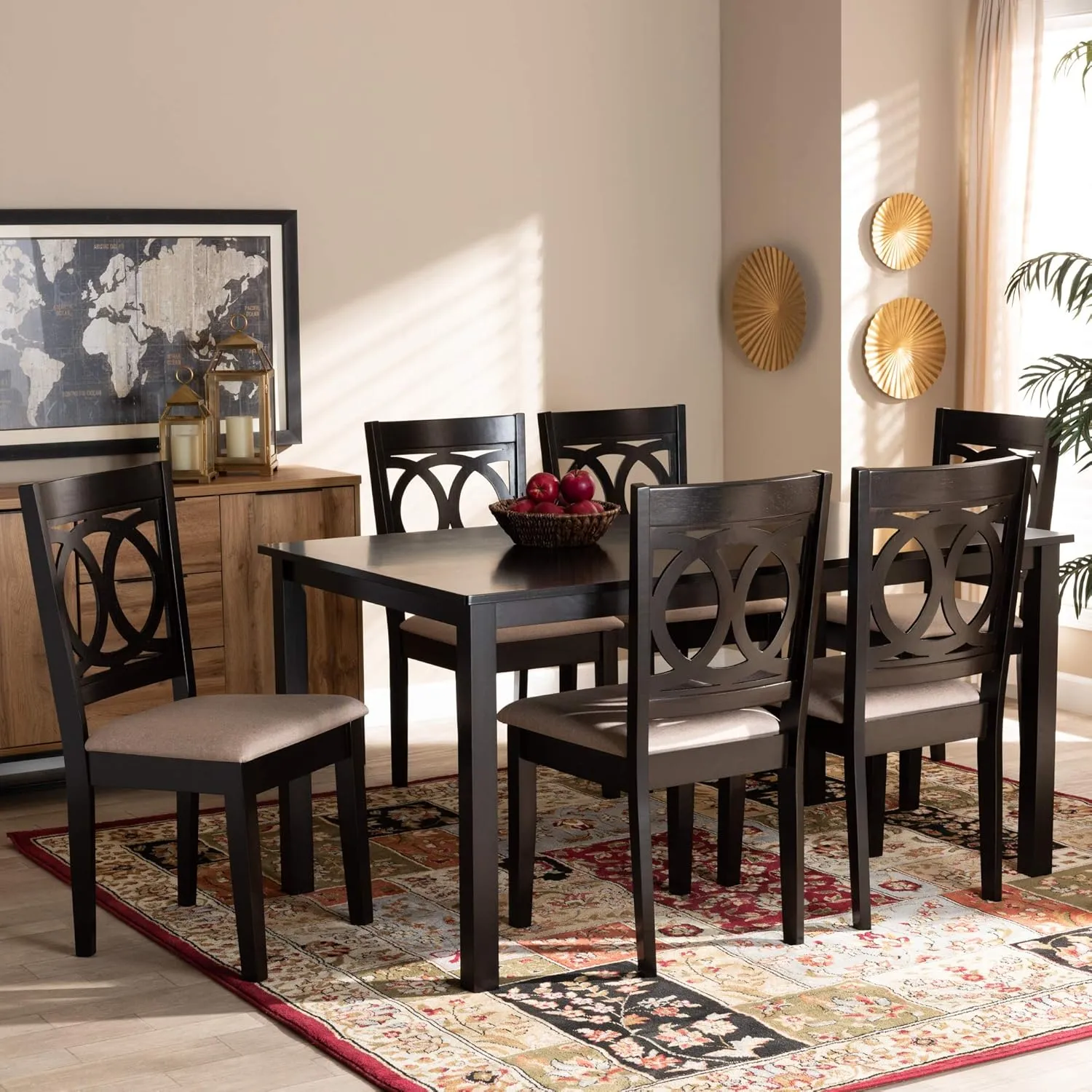 Baxton Studio Barret Dining Set - Sand Fabric Upholstered Espresso Brown Finished Wood 7-Piece Set
