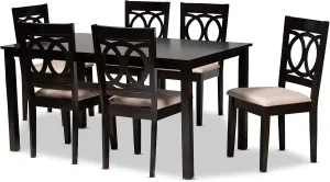 Baxton Studio Barret Dining Set - Sand Fabric Upholstered Espresso Brown Finished Wood 7-Piece Set