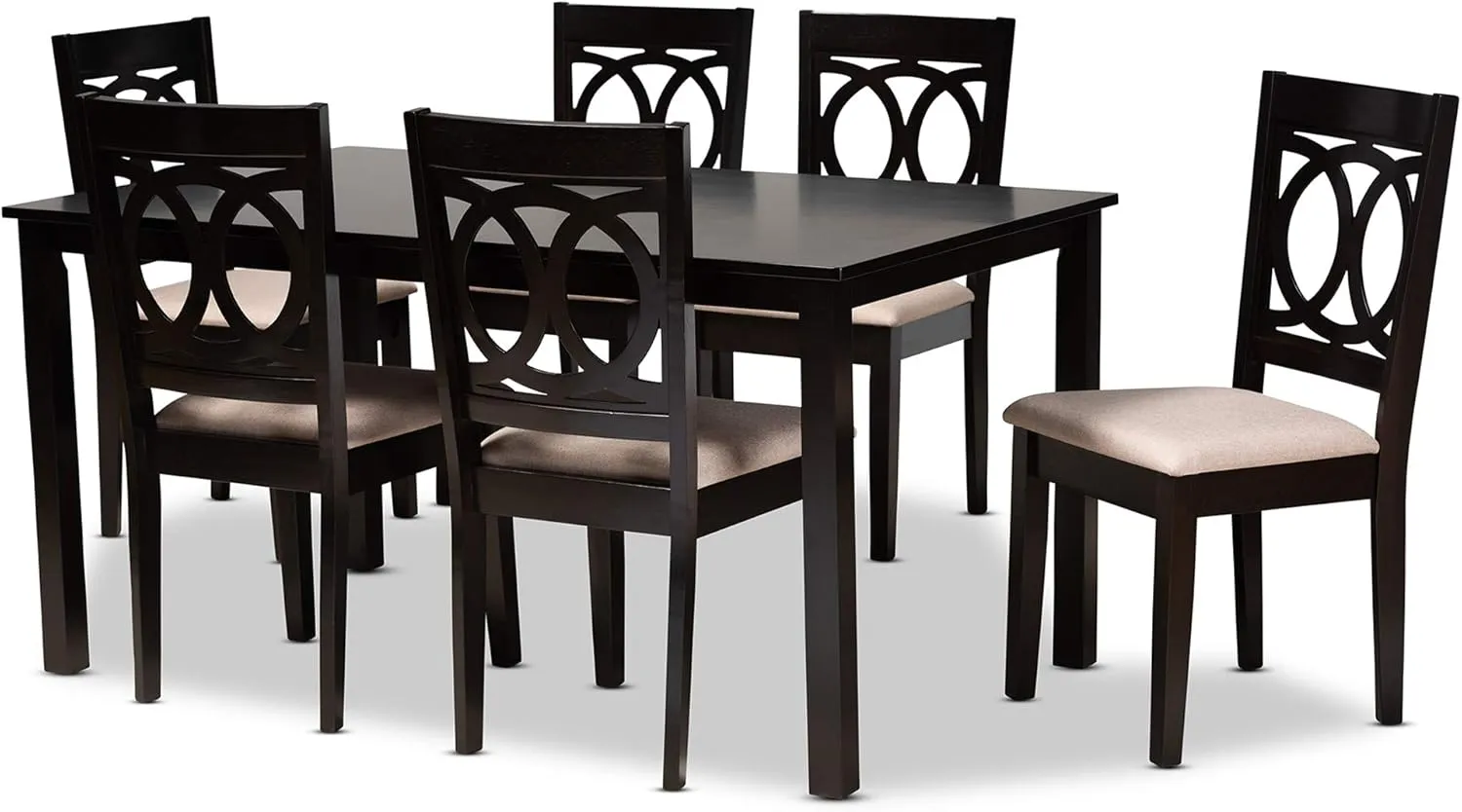 Baxton Studio Barret Dining Set - Sand Fabric Upholstered Espresso Brown Finished Wood 7-Piece Set