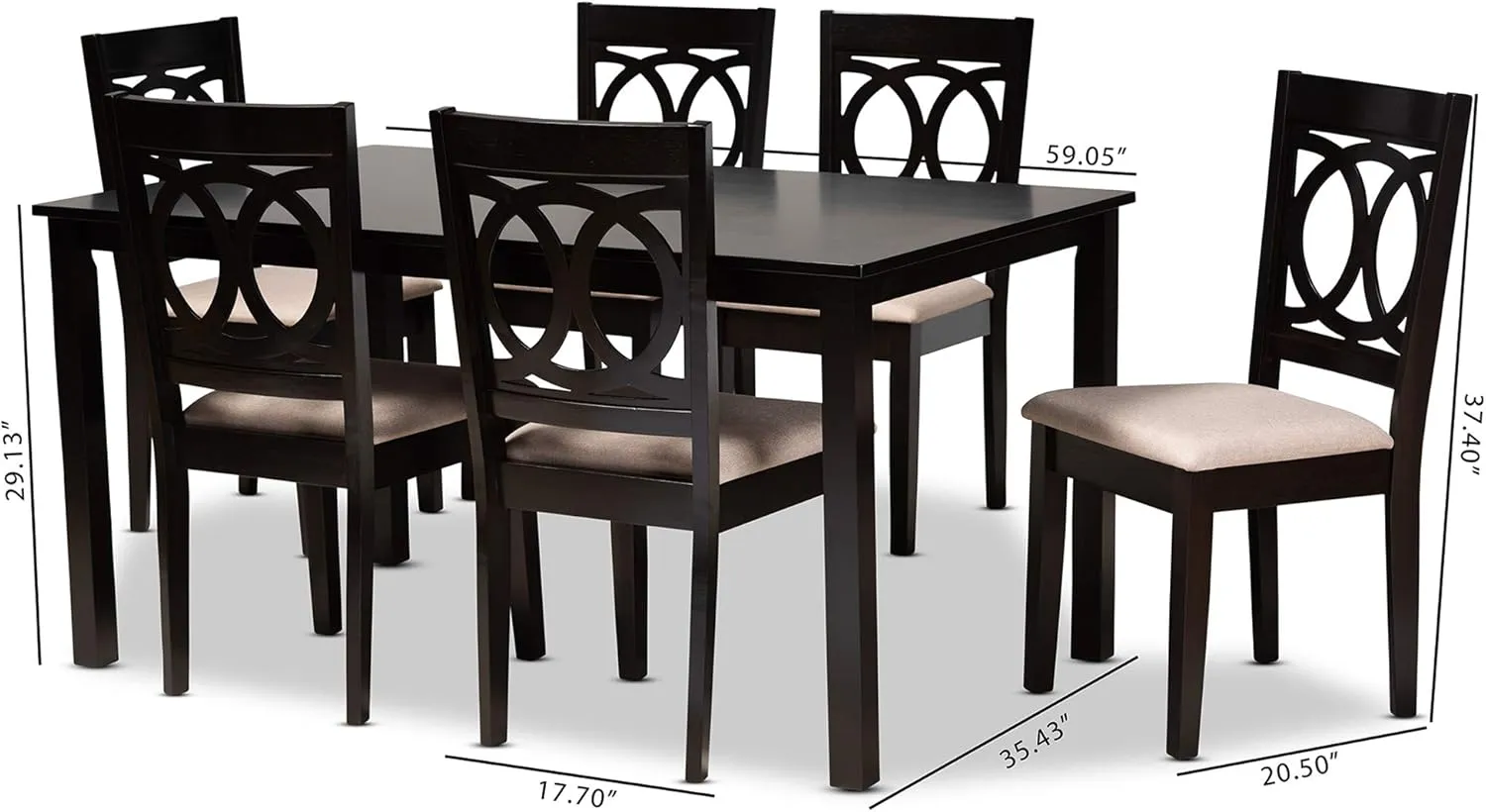 Baxton Studio Barret Dining Set - Sand Fabric Upholstered Espresso Brown Finished Wood 7-Piece Set