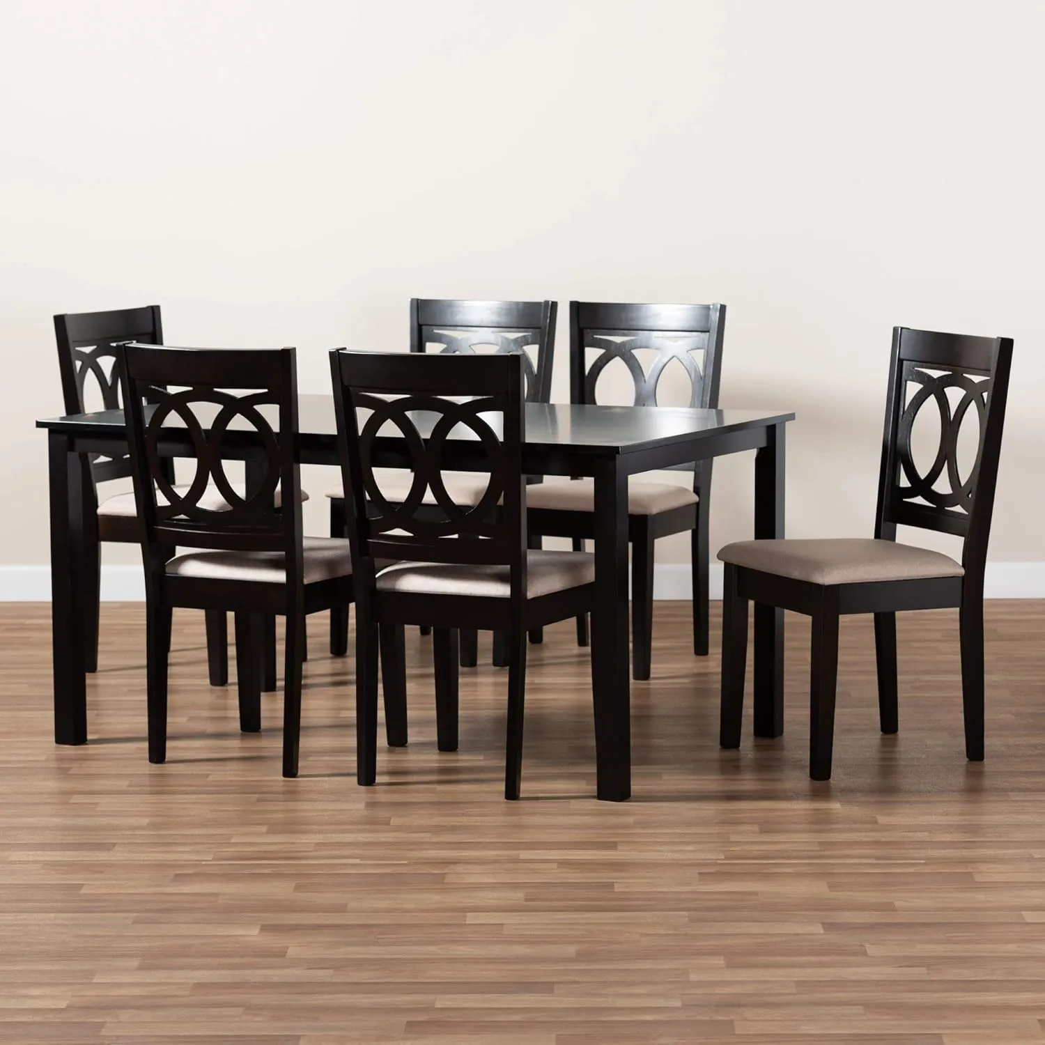Baxton Studio Barret Dining Set - Sand Fabric Upholstered Espresso Brown Finished Wood 7-Piece Set