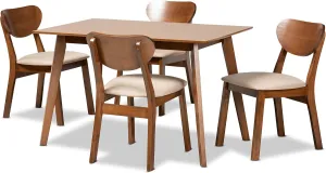 Baxton Studio Damara Mid-Century Pub Set Sand Fabric Upholstered and Walnut Brown Finished Wood 5-Piece Dining Set