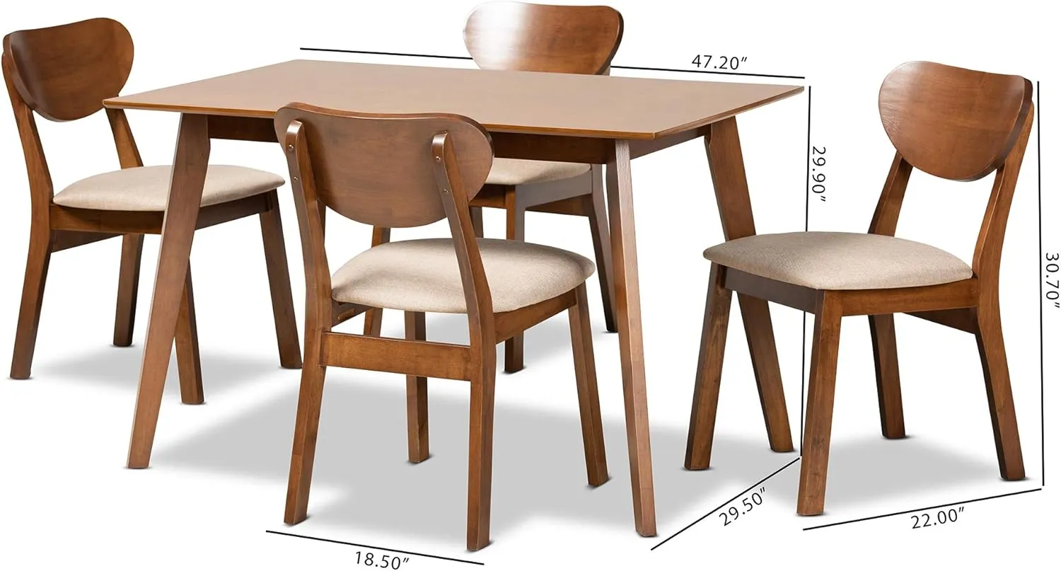 Baxton Studio Damara Mid-Century Pub Set Sand Fabric Upholstered and Walnut Brown Finished Wood 5-Piece Dining Set