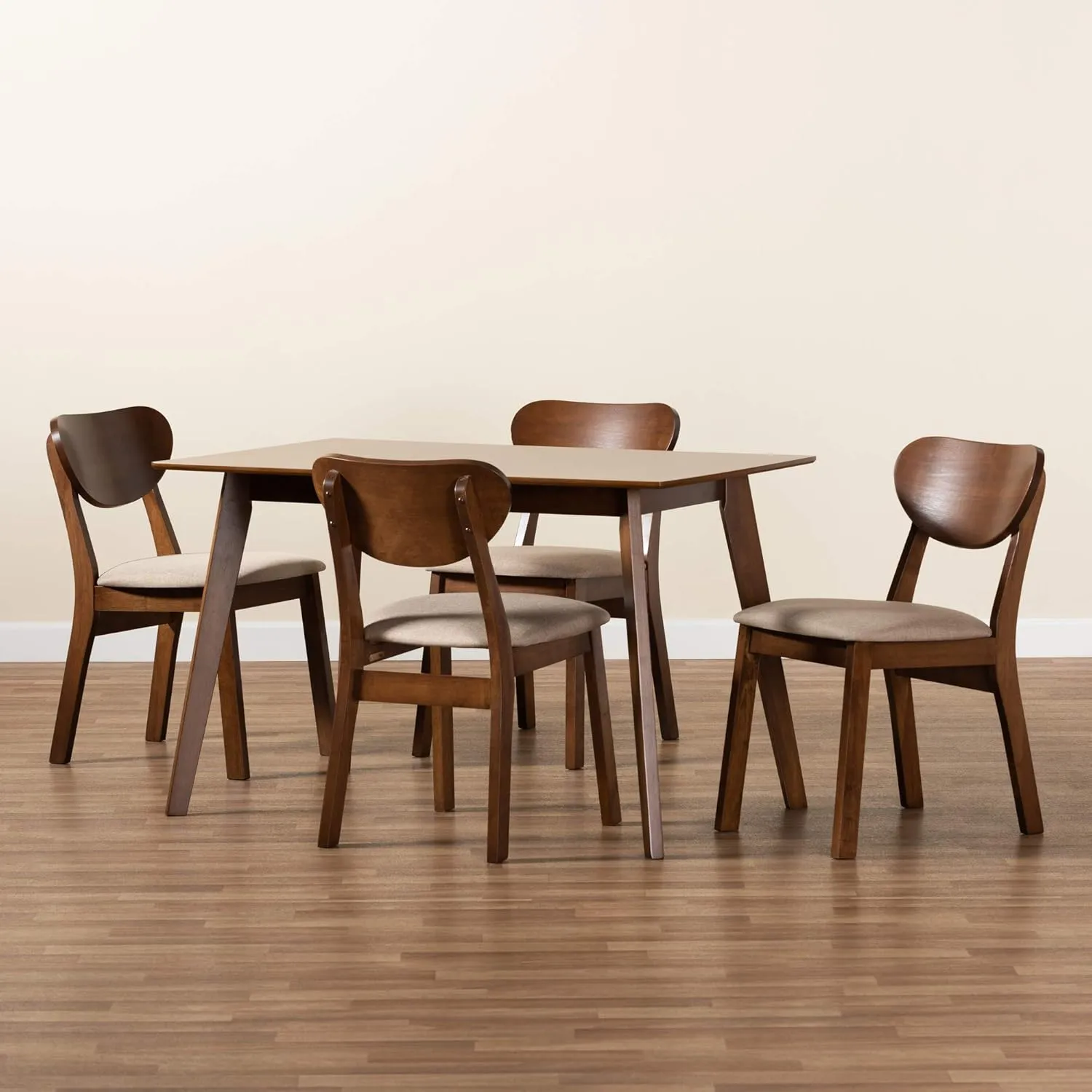 Baxton Studio Damara Mid-Century Pub Set Sand Fabric Upholstered and Walnut Brown Finished Wood 5-Piece Dining Set