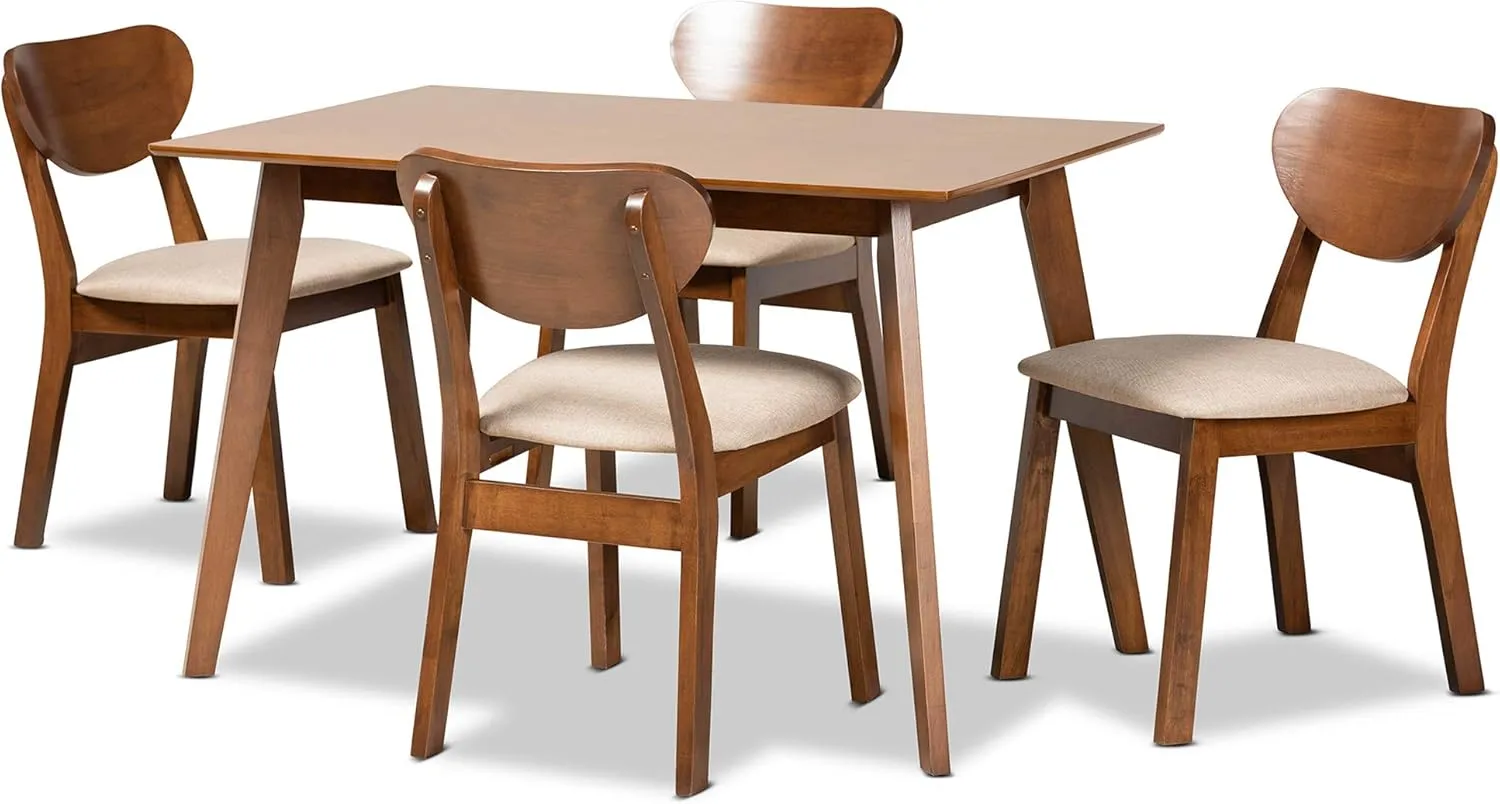 Baxton Studio Damara Mid-Century Pub Set Sand Fabric Upholstered and Walnut Brown Finished Wood 5-Piece Dining Set