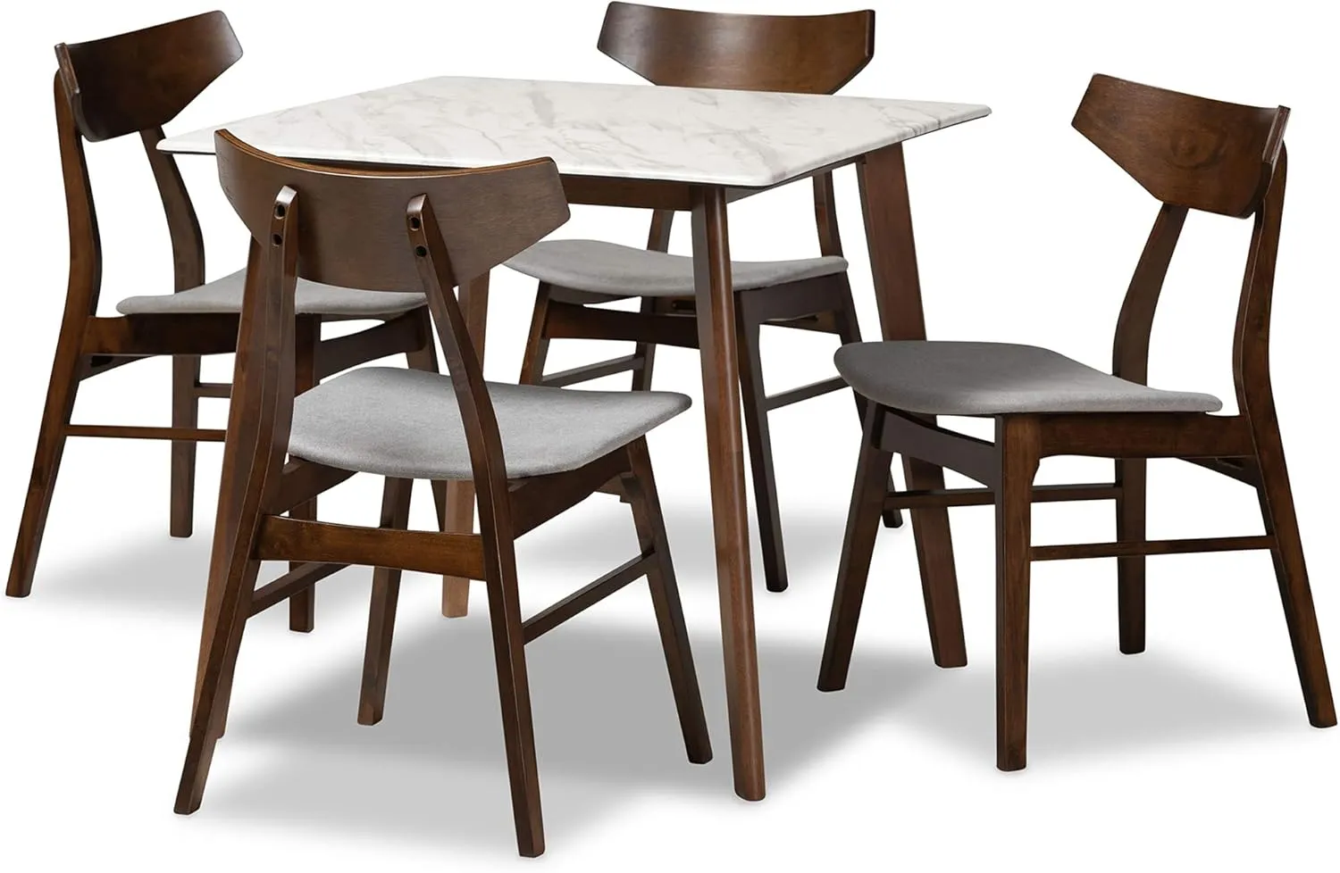Baxton Studio Pearson Mid-Century Modern Transitional Light Grey Fabric Upholstered and Walnut Brown Finished Wood 5-Piece Dining Set with Faux Marble Table