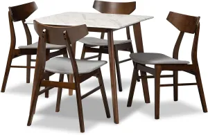 Baxton Studio Pearson Mid-Century Modern Transitional Light Grey Fabric Upholstered and Walnut Brown Finished Wood 5-Piece Dining Set with Faux Marble Table
