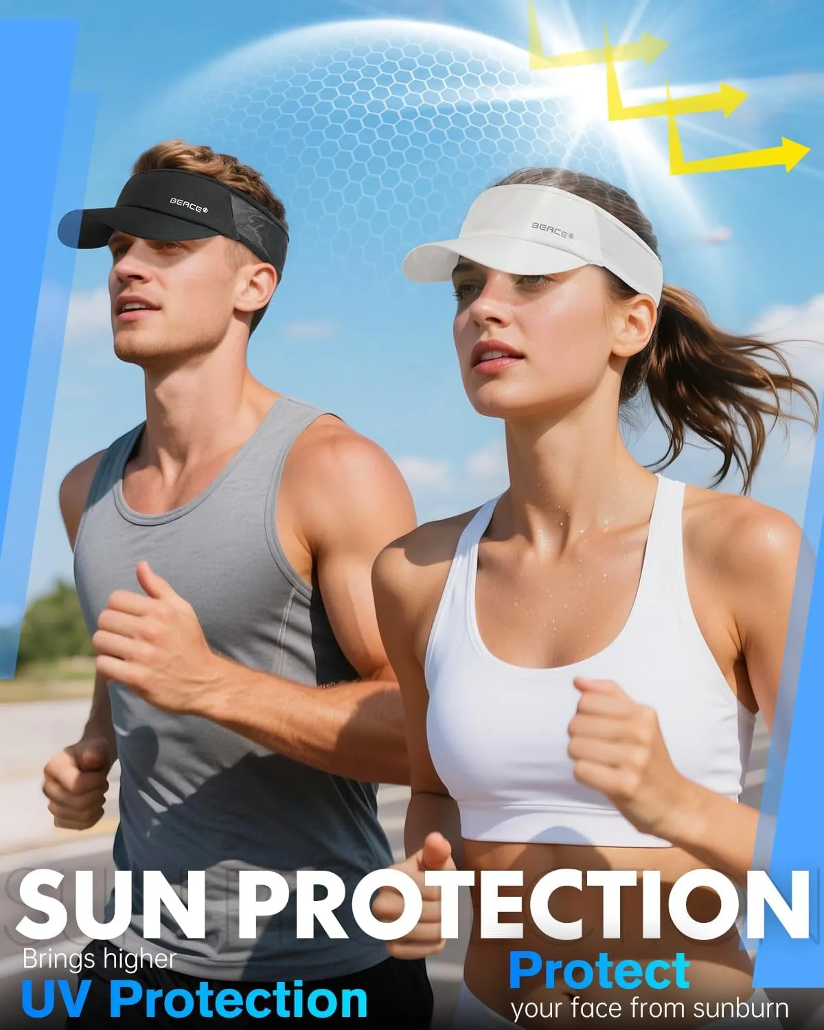 BEACE Lightweight Moisture Wicking Sports Sun Visors Hats Women Men,Sunvisor Cap for Running Golf Tennis Pickleball