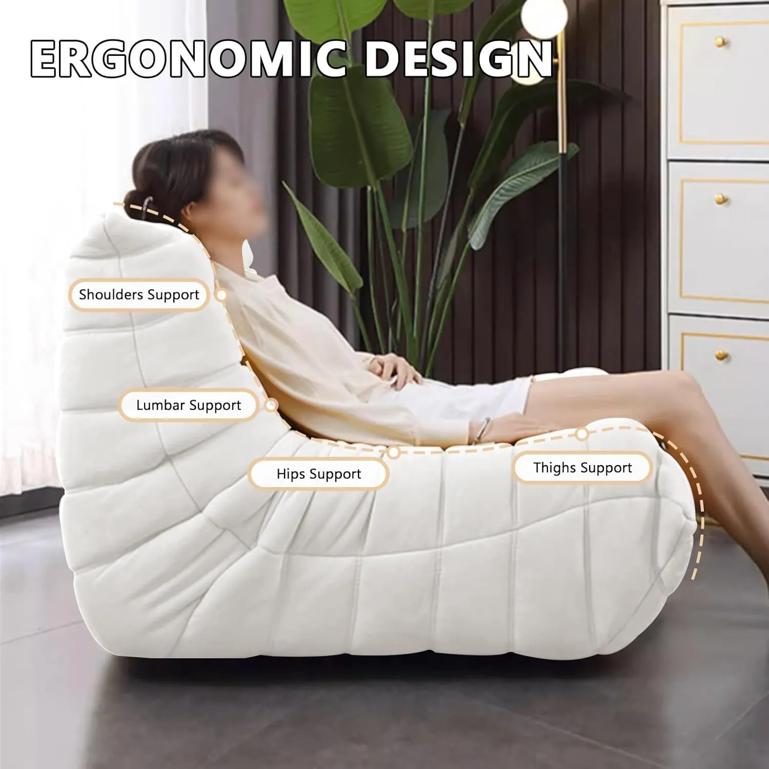Bean Bag Chiar for Adults, Fireside Chair, Bean Bag Couch, Lazy Floor Sofa, Armless Comfy Bean Bag Chair for Living Room, Bedroom, Office, Dorm, Apartment, (Beige)