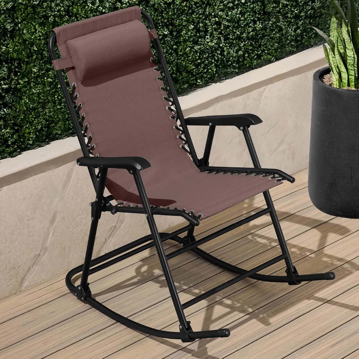 Best Choice Products Outdoor Folding Rocking Chair, Zero Gravity Lounge Chair, Patio Rocker w/Headrest Pillow - Brown