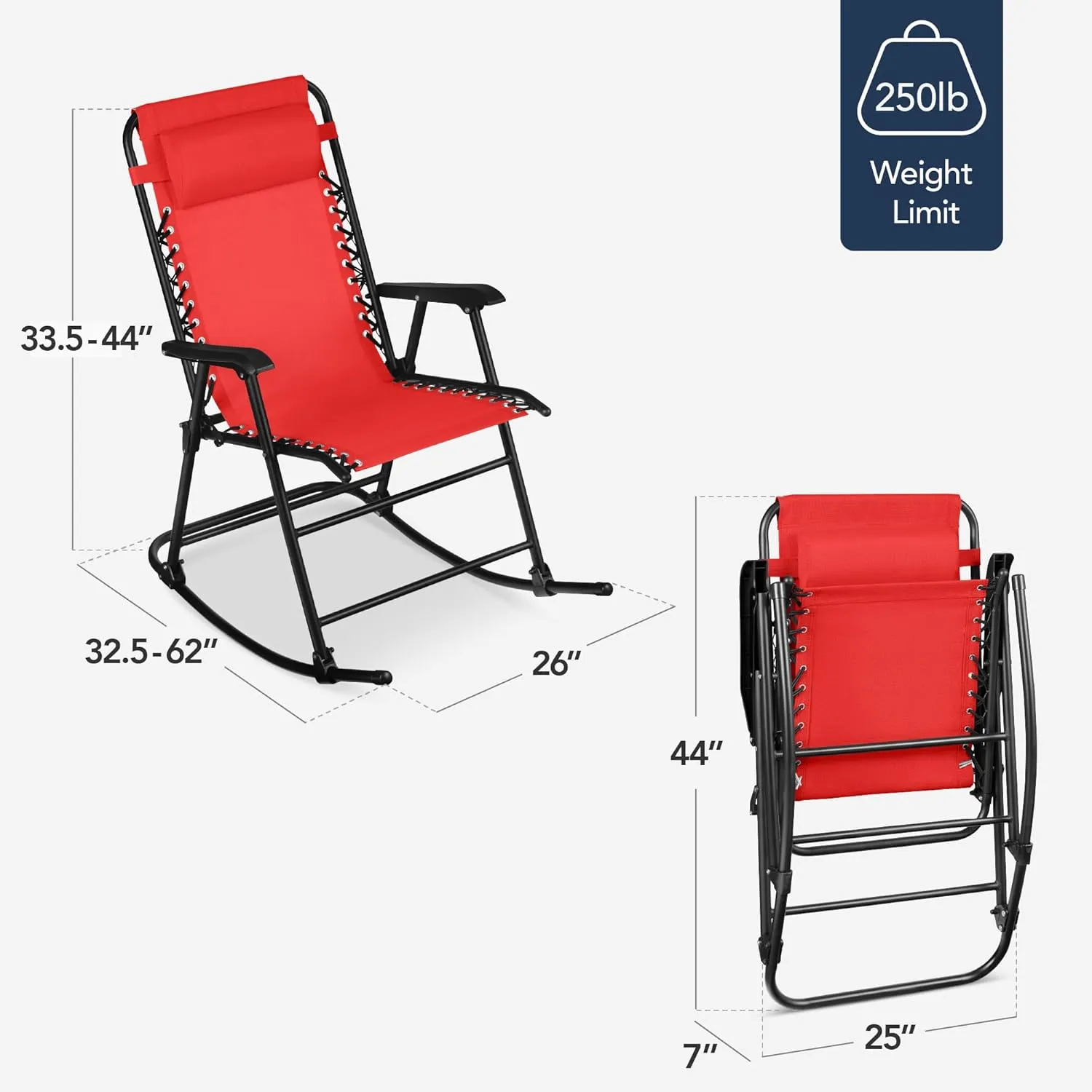 Best Choice Products Outdoor Folding Rocking Chair, Zero Gravity Lounge Chair, Patio Rocker w/Headrest Pillow - Crimson Red