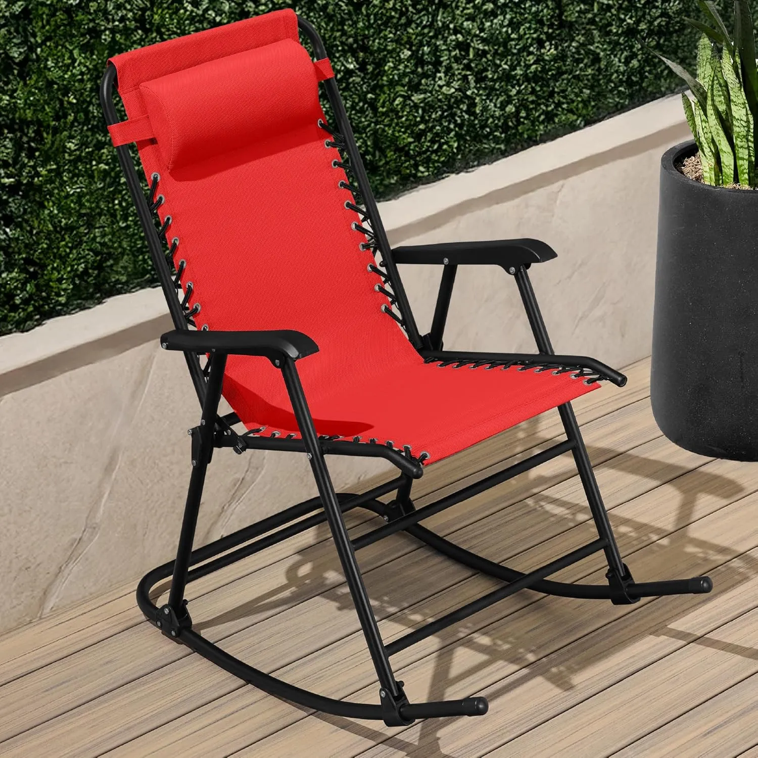 Best Choice Products Outdoor Folding Rocking Chair, Zero Gravity Lounge Chair, Patio Rocker w/Headrest Pillow - Crimson Red
