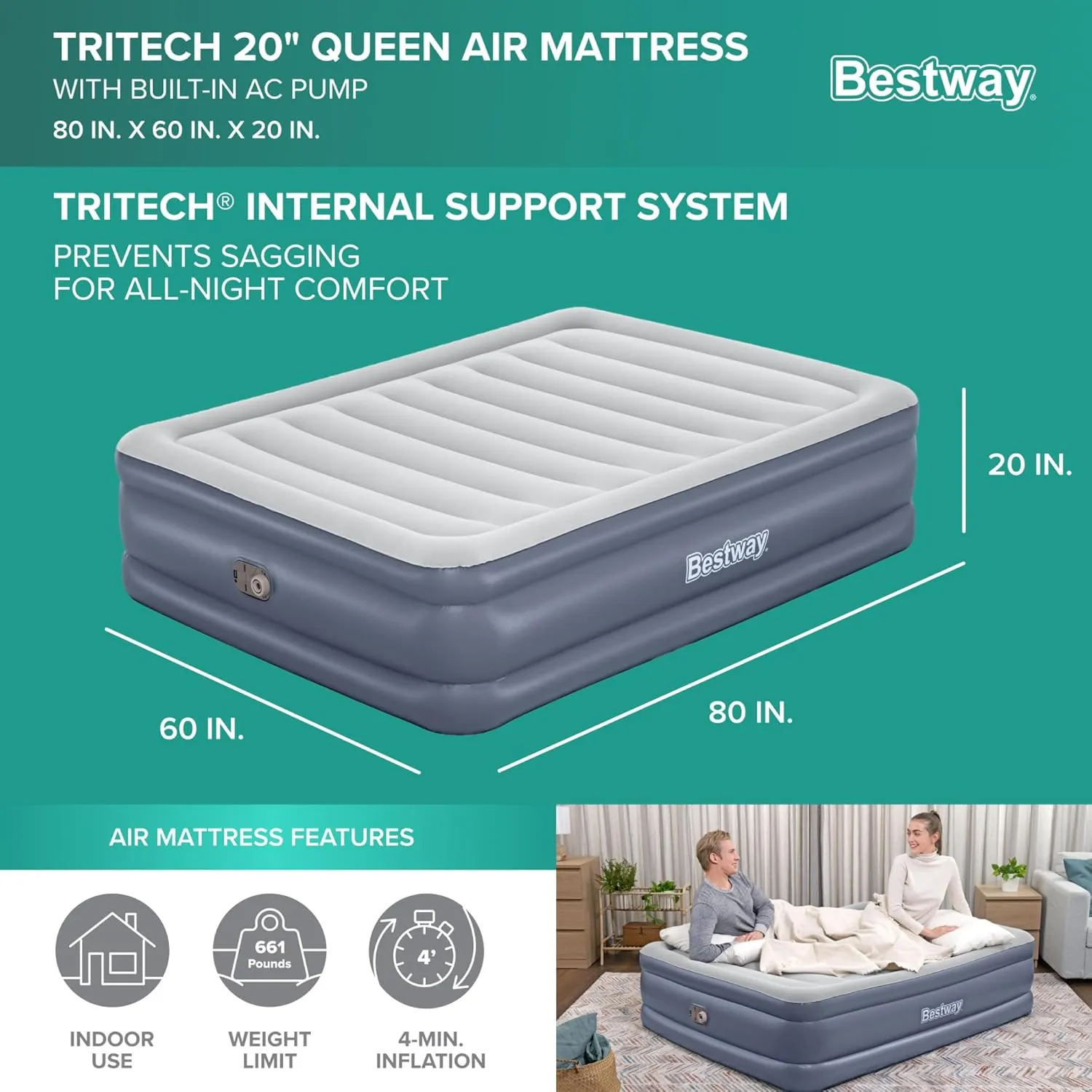 Bestway Tritech Airbed, Queen-Sized 20" Thick Durable Comfortable Mattress Pad for Portable Relaxation with Built-in AC Pump and Storage Bag