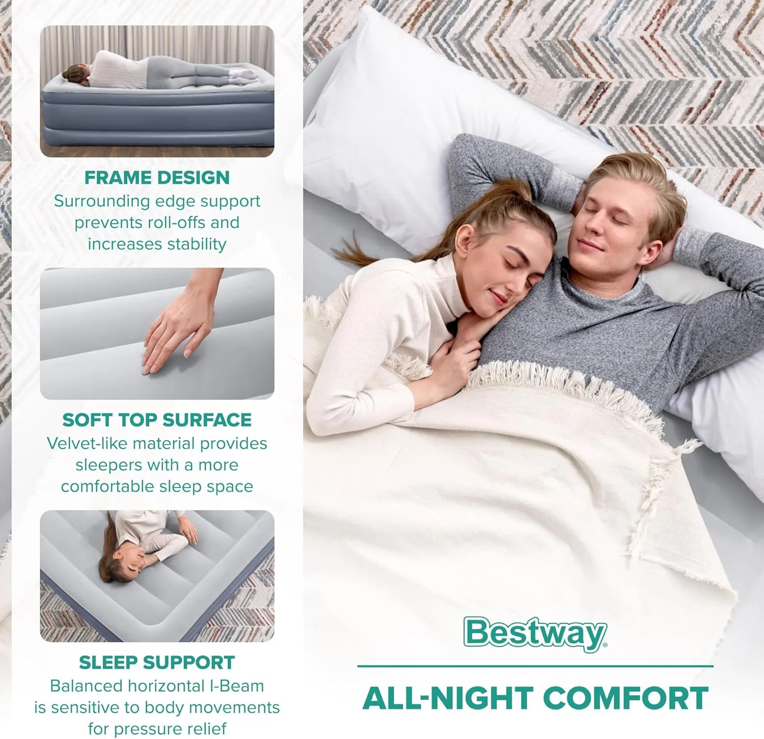 Bestway Tritech Airbed, Queen-Sized 20" Thick Durable Comfortable Mattress Pad for Portable Relaxation with Built-in AC Pump and Storage Bag