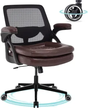 Big and Tall Office Chair, 500lbs Mesh Heavy Duty Ergonomic Desk Chair with Flip-up Armrests, Plus Size Wide Seat in PU Leather, 360 Swivel Computer Executive Task Chair for Home Office (Brown)