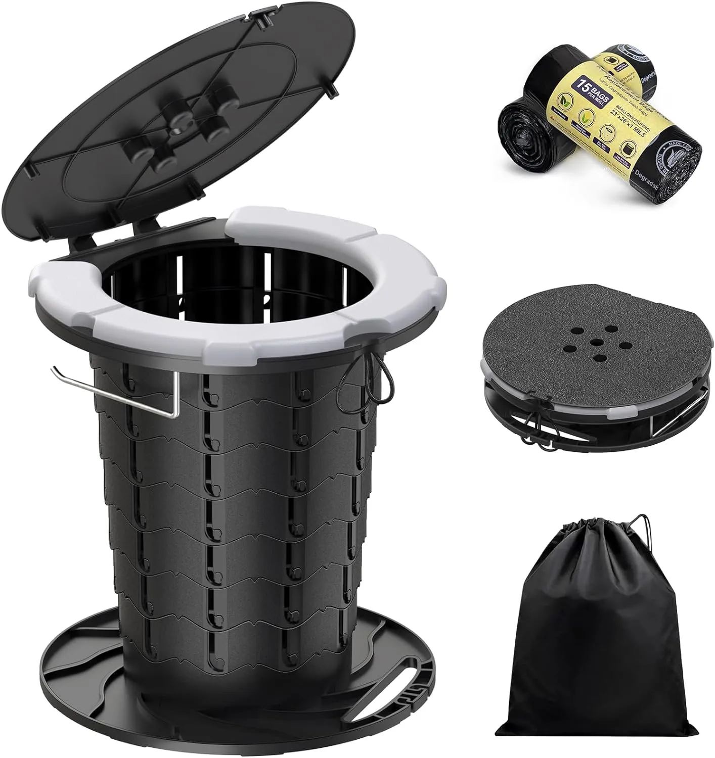 BLIKA Upgraded Retractable Portable Toilet with Cushion, 300LBS Adjustable Height Folding Toilet with Paper Holder, Travel Toilet Portable Camping Toilet, Soft Portable Toilet for Camping/Car