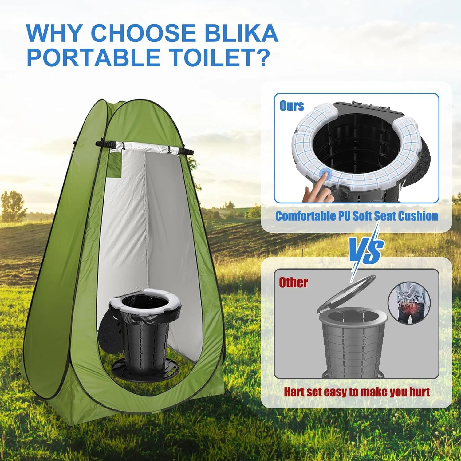 BLIKA Upgraded Retractable Portable Toilet with Cushion, 300LBS Adjustable Height Folding Toilet with Paper Holder, Travel Toilet Portable Camping Toilet, Soft Portable Toilet for Camping/Car
