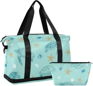 Blue Beach Turtles Travel Tote for Women Expandable Duffle Bag Gym, under the Seat Carry on Bag with Dry and Wet Separation
