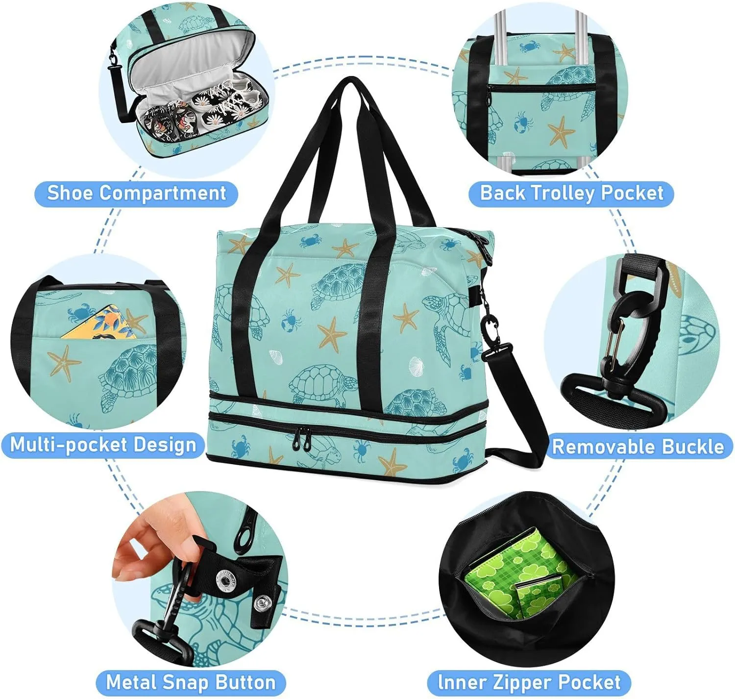 Blue Beach Turtles Travel Tote for Women Expandable Duffle Bag Gym, under the Seat Carry on Bag with Dry and Wet Separation