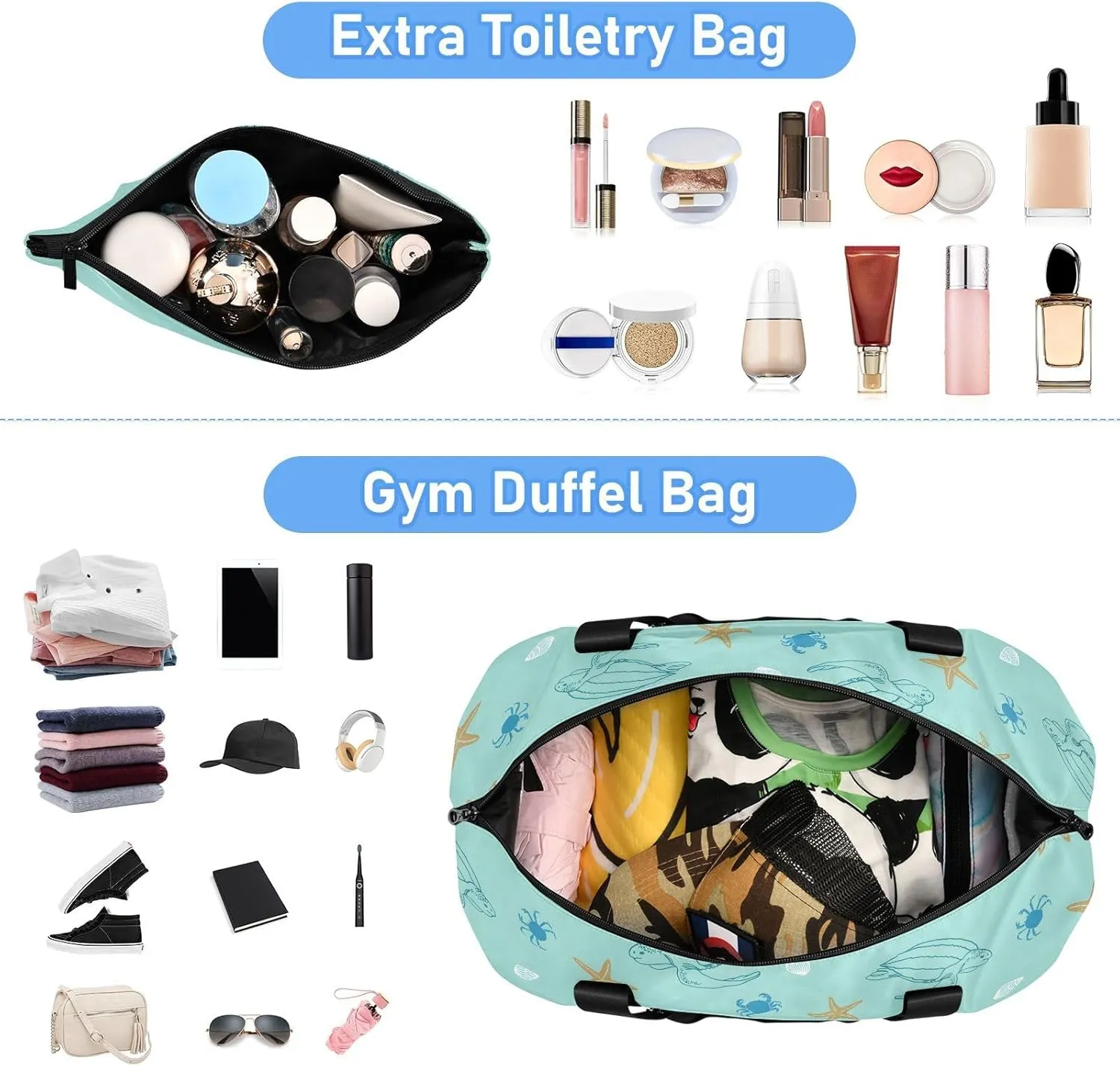 Blue Beach Turtles Travel Tote for Women Expandable Duffle Bag Gym, under the Seat Carry on Bag with Dry and Wet Separation