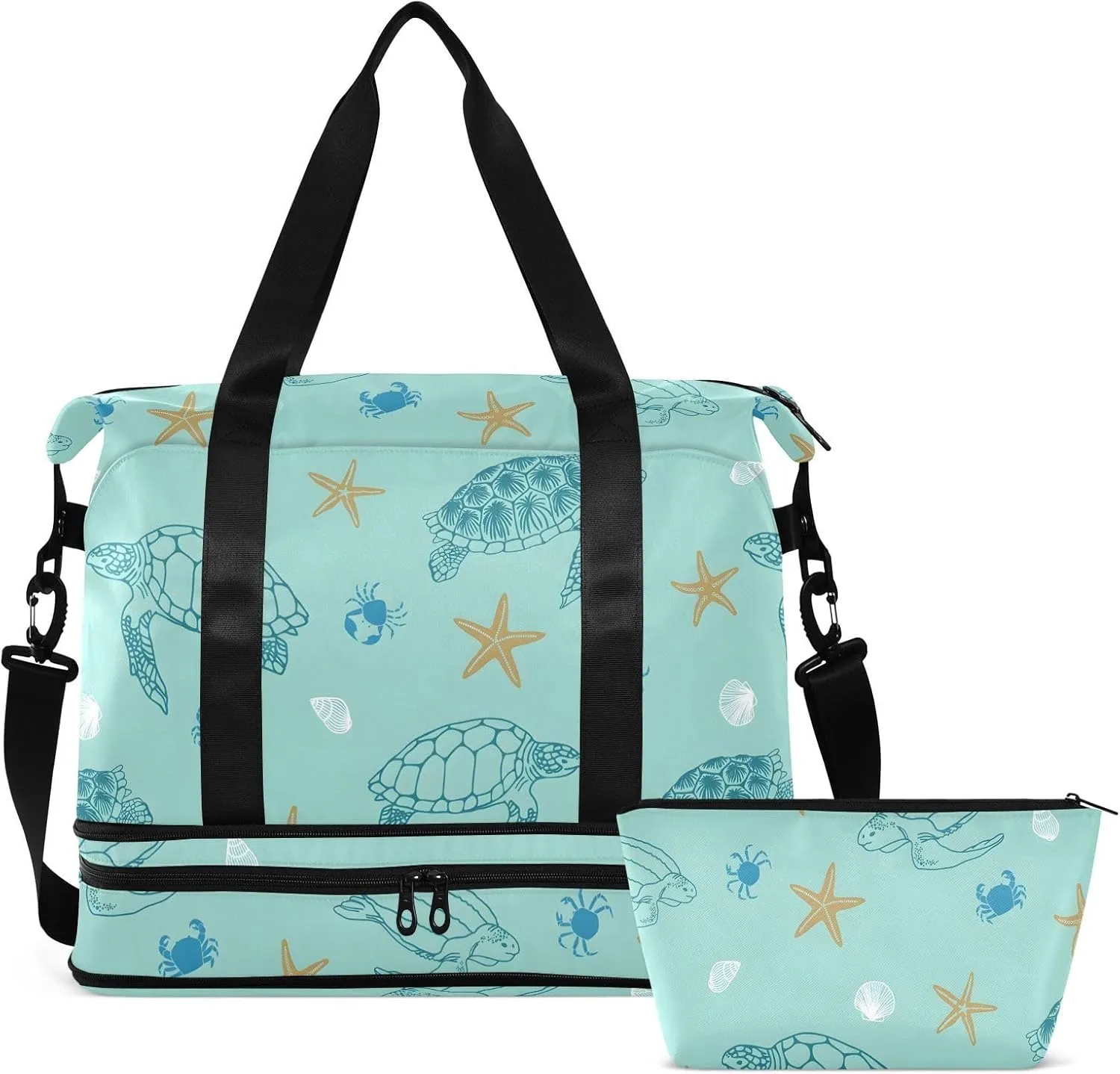 Blue Beach Turtles Travel Tote for Women Expandable Duffle Bag Gym, under the Seat Carry on Bag with Dry and Wet Separation