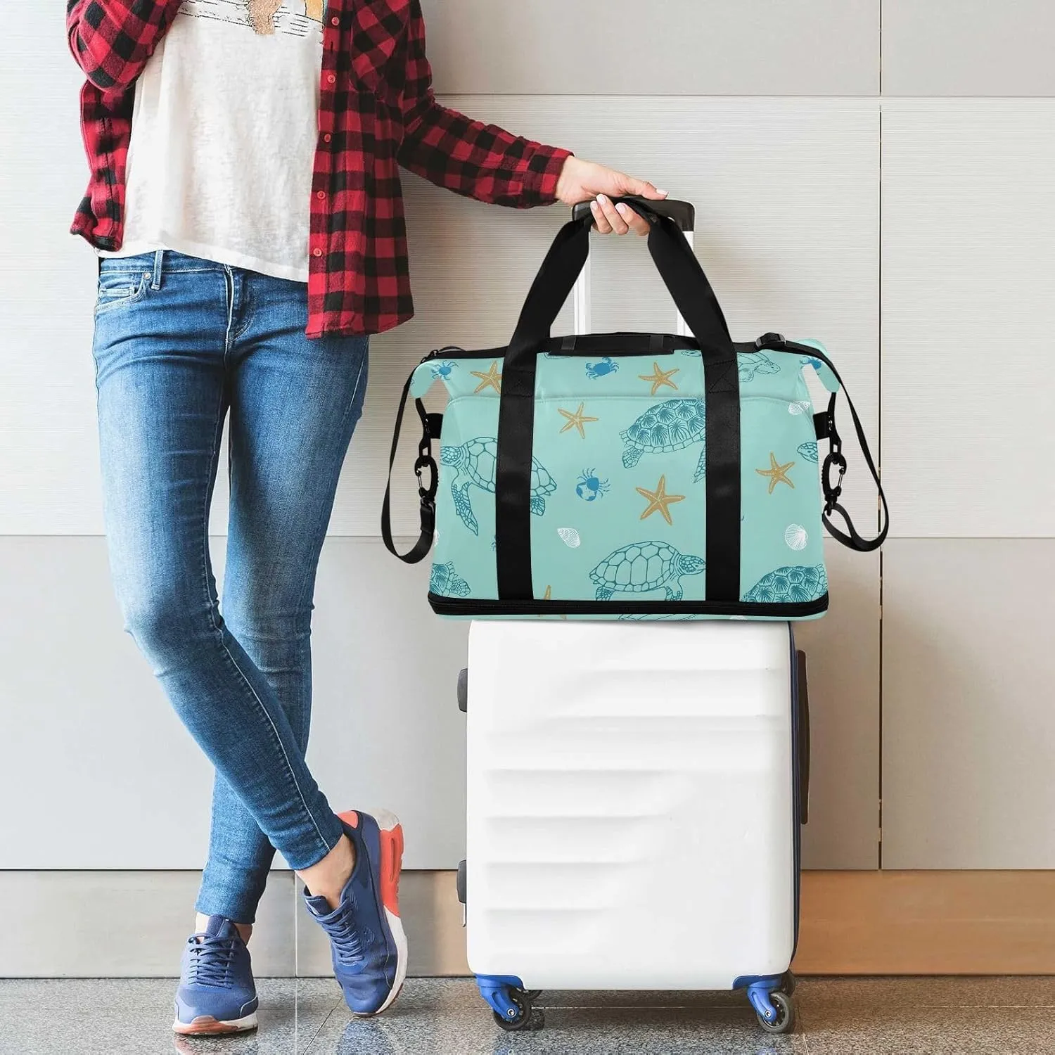 Blue Beach Turtles Travel Tote for Women Expandable Duffle Bag Gym, under the Seat Carry on Bag with Dry and Wet Separation