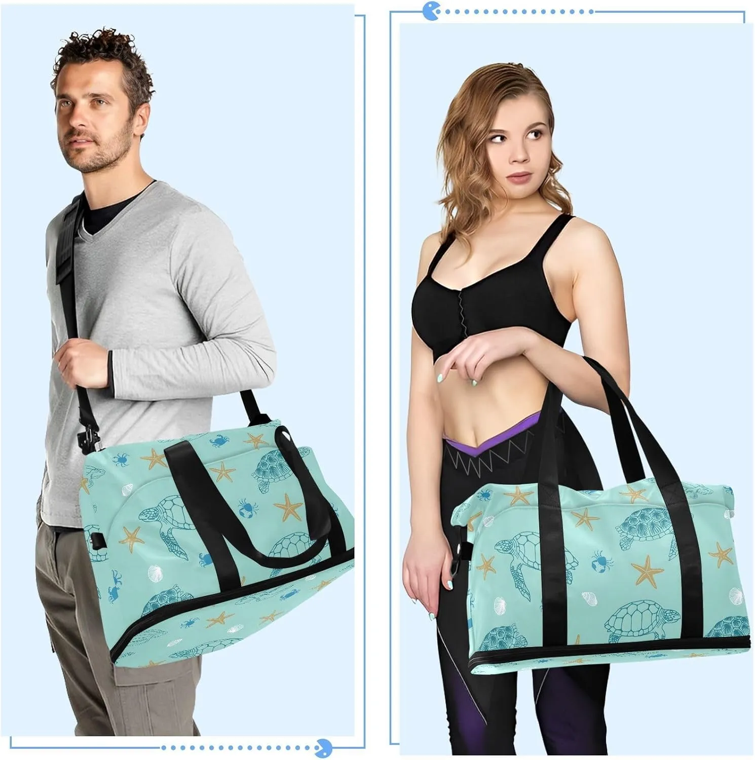 Blue Beach Turtles Travel Tote for Women Expandable Duffle Bag Gym, under the Seat Carry on Bag with Dry and Wet Separation